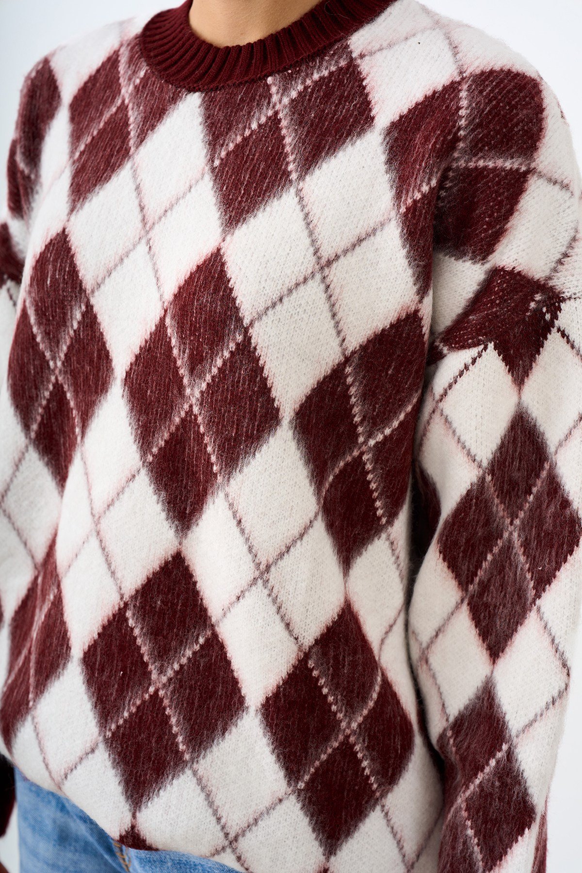 Baklava Desen Oversize Triko Tunik Bordo