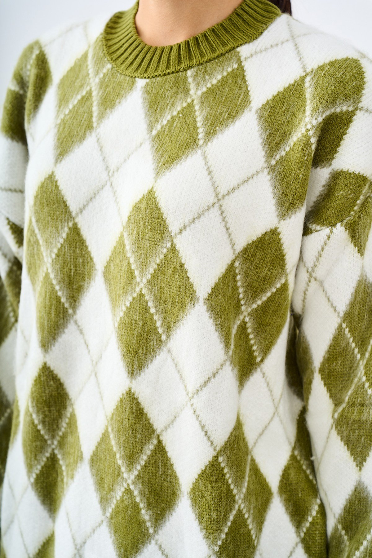 Baklava Desen Oversize Triko Tunik Fıstık Yeşil