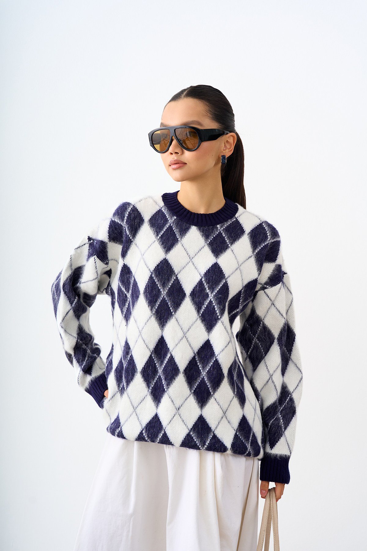 Baklava Desen Oversize Triko Tunik Lacivert