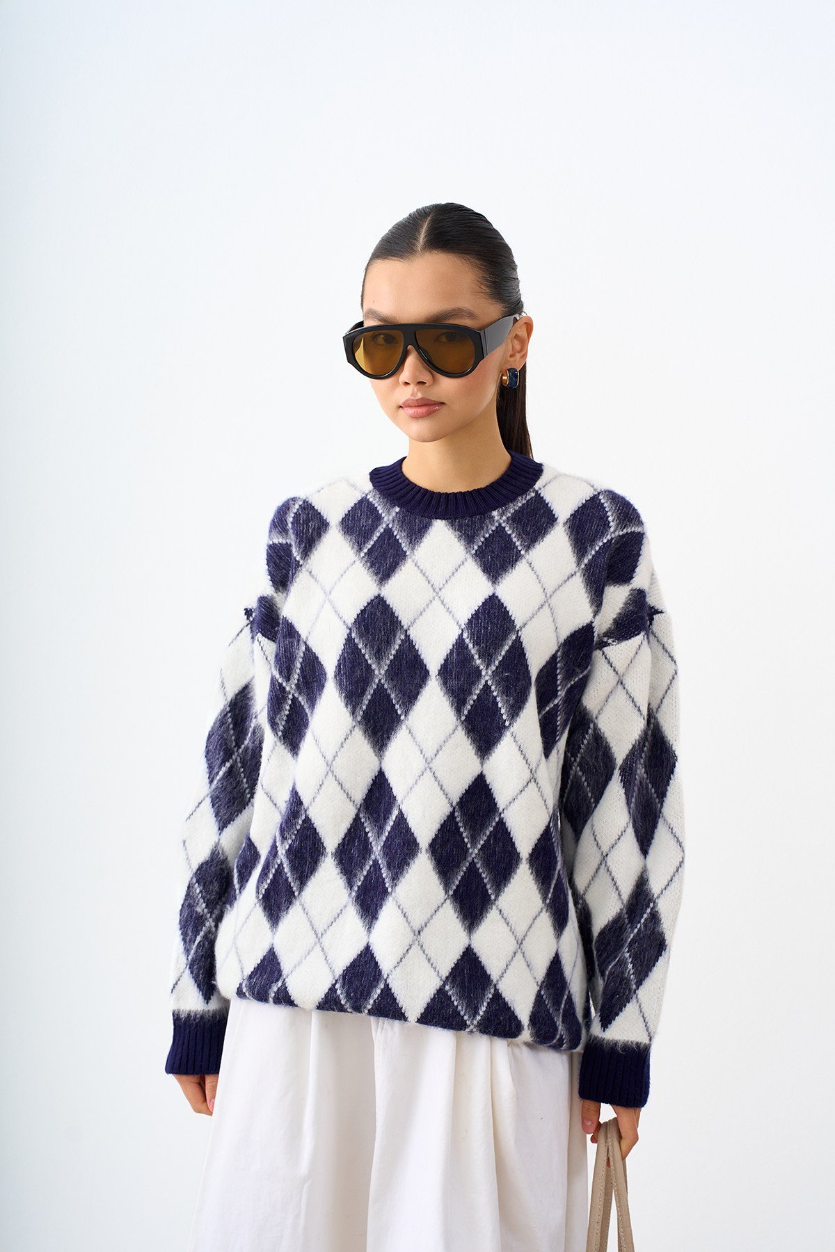 Baklava Desen Oversize Triko Tunik Lacivert