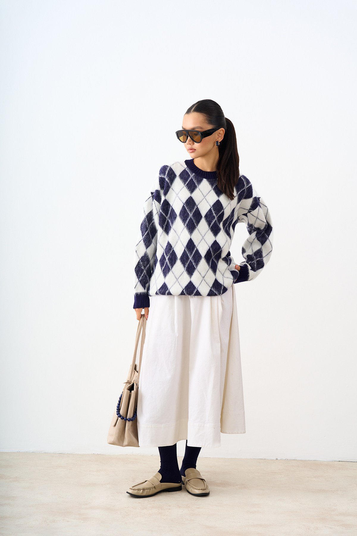 Baklava Desen Oversize Triko Tunik Lacivert