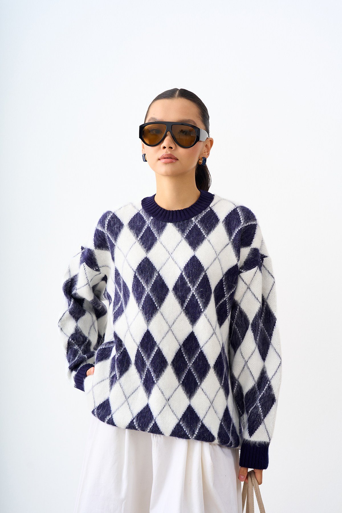 Baklava Desen Oversize Triko Tunik Lacivert