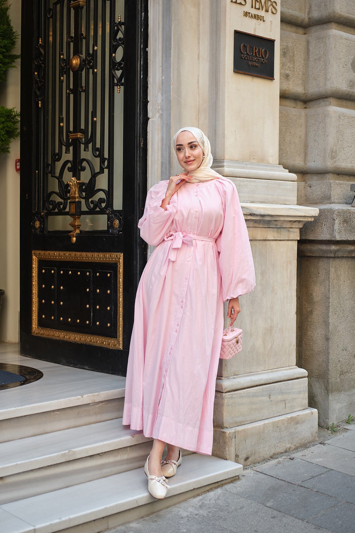 Balon Kol Bel Bağlamalı Elbise Pembe