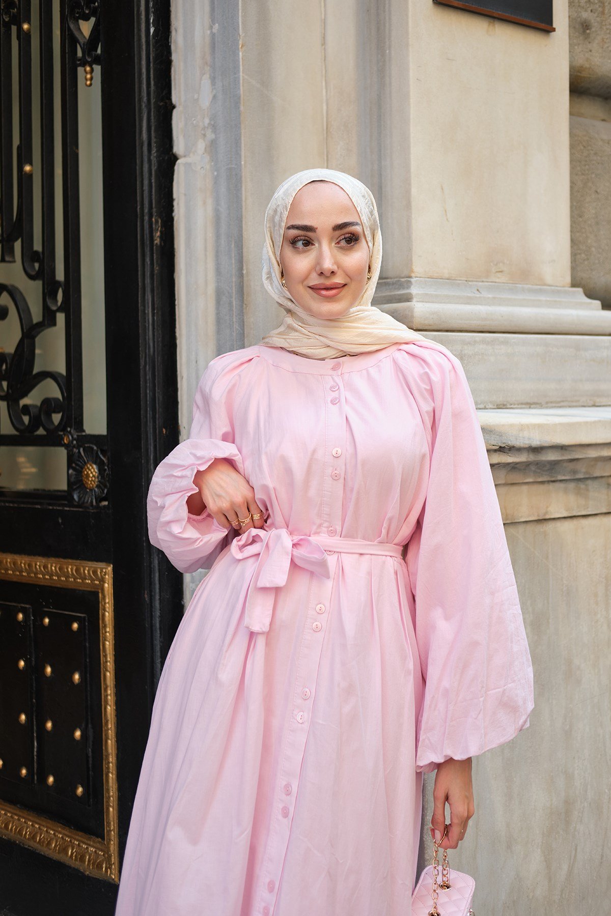 Balon Kol Bel Bağlamalı Elbise Pembe