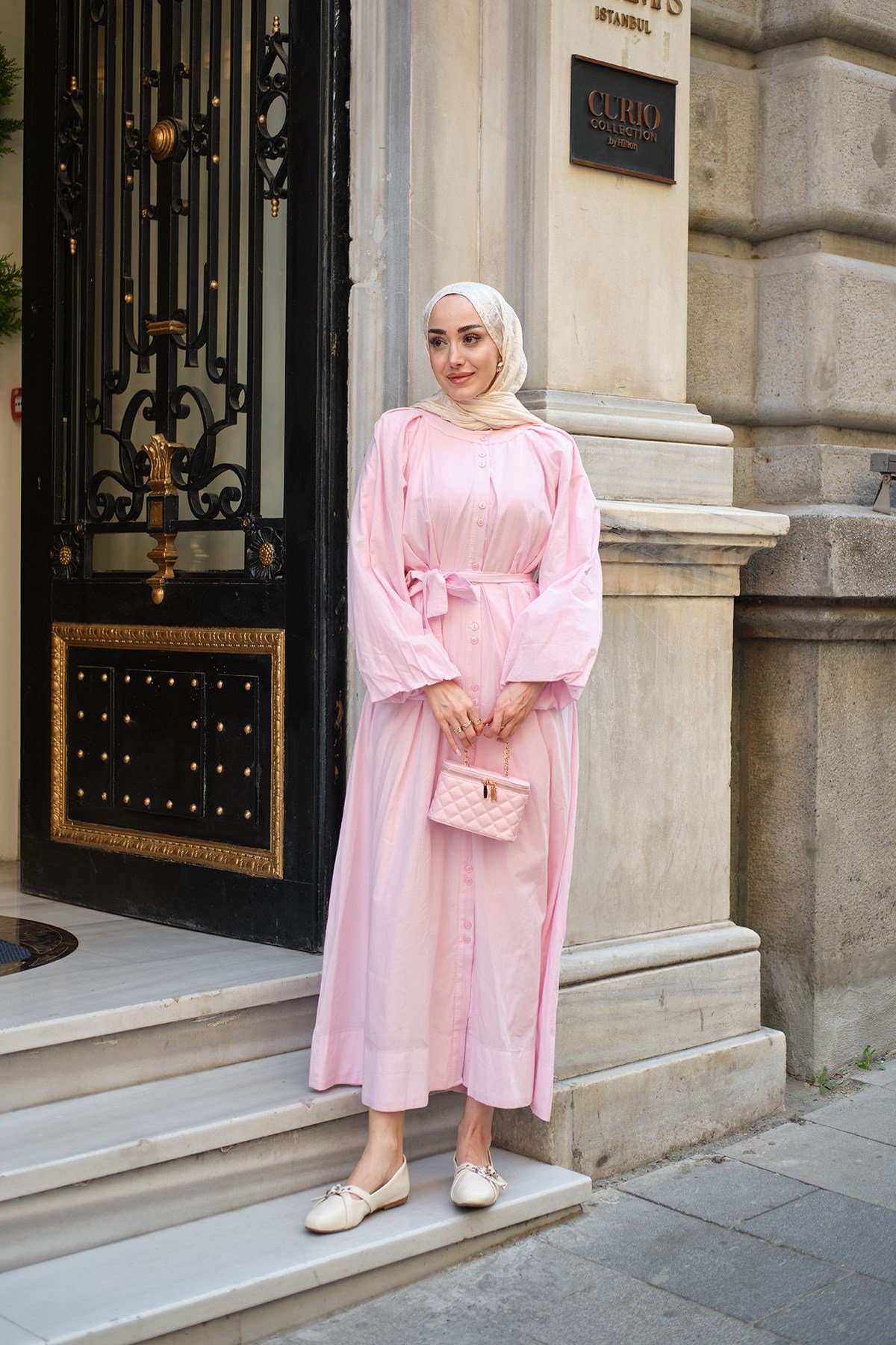 Balon Kol Bel Bağlamalı Elbise Pembe