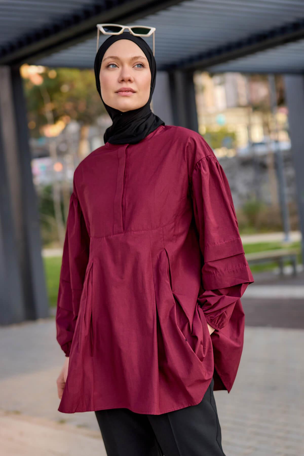 Balon Kol Pile Detaylı Tunik  Bordo