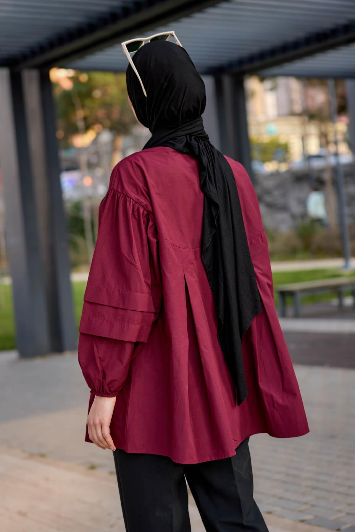 Balon Kol Pile Detaylı Tunik  Bordo