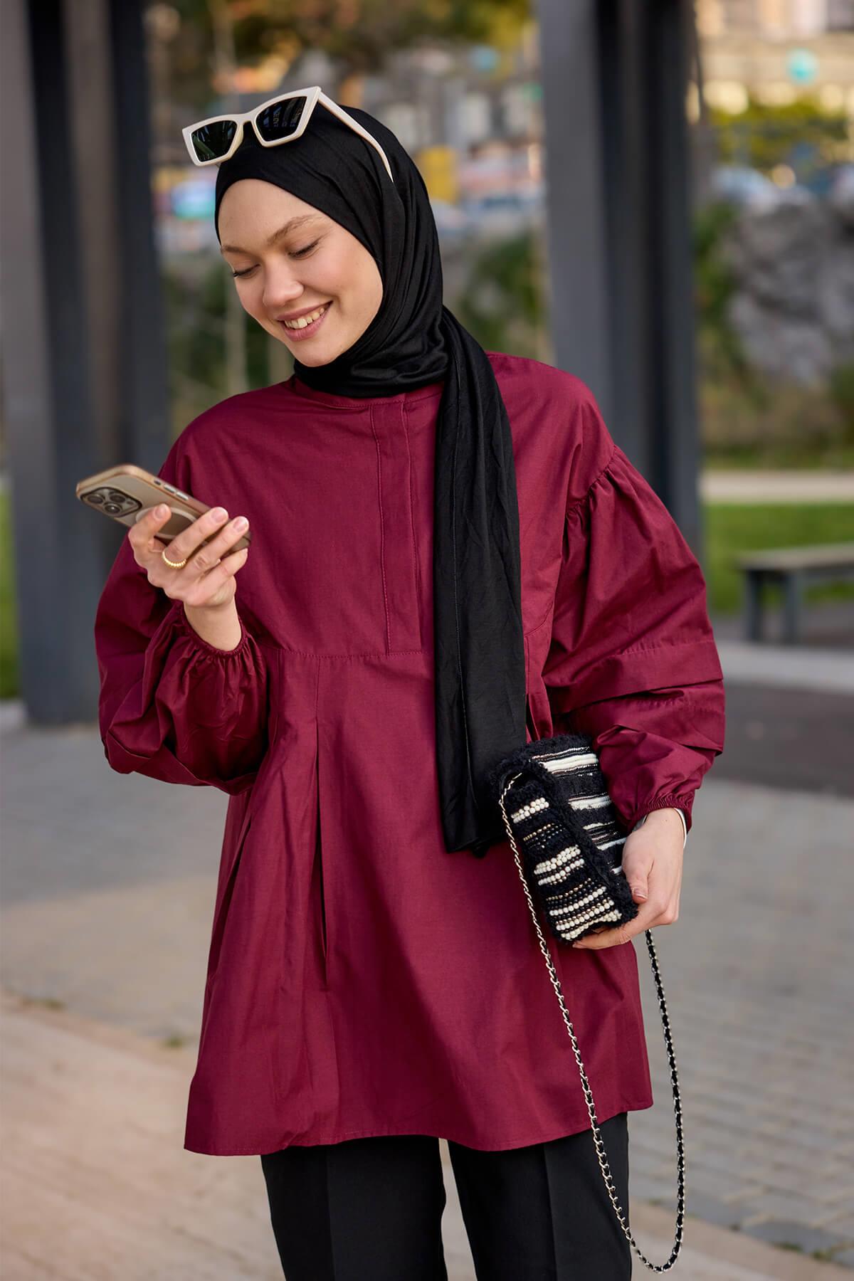 Balon Kol Pile Detaylı Tunik  Bordo