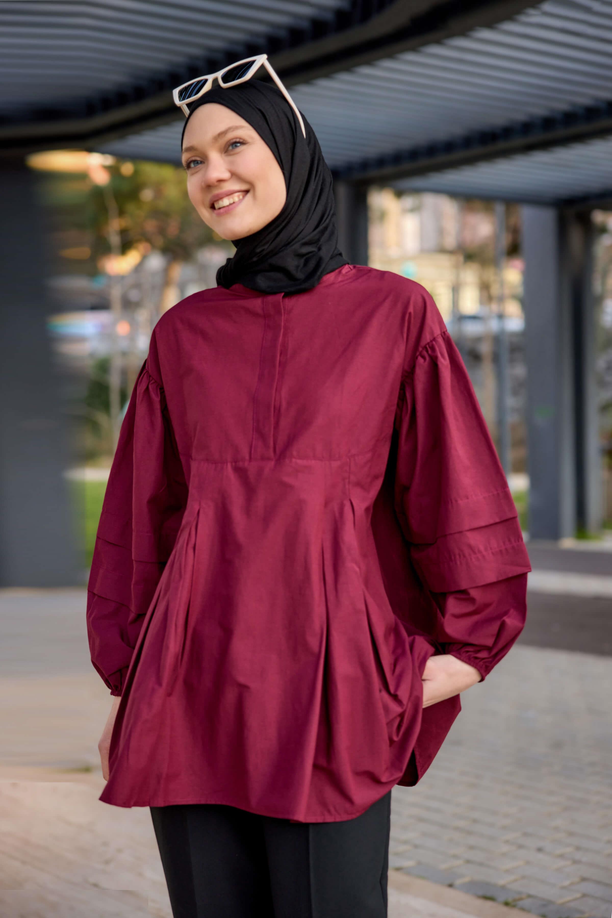 Balon Kol Pile Detaylı Tunik  Bordo