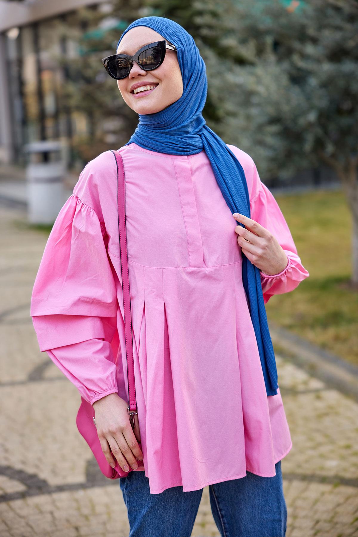 Balon Kol Pile Detaylı Tunik  Pembe
