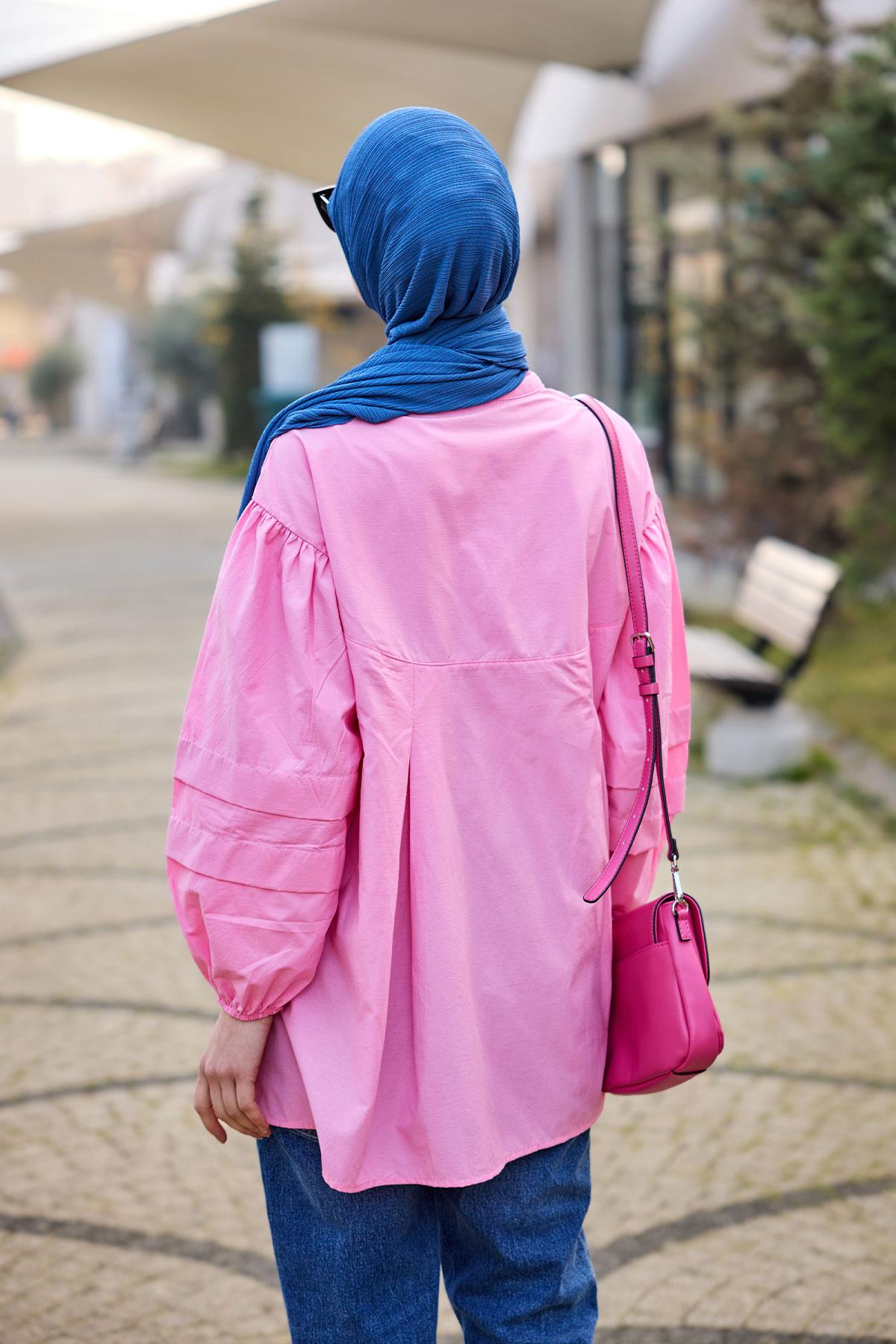 Balon Kol Pile Detaylı Tunik  Pembe
