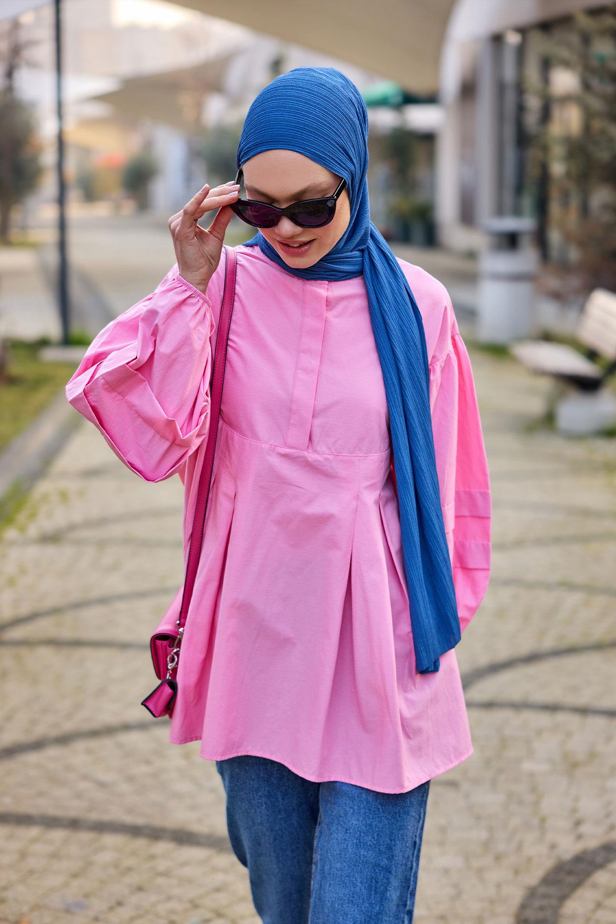 Balon Kol Pile Detaylı Tunik  Pembe