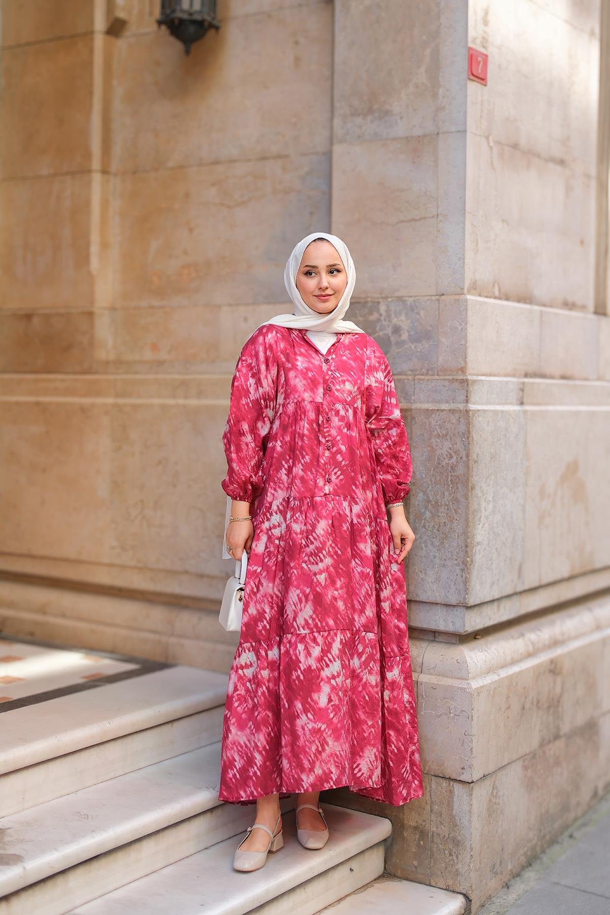 Batik Desen Elbise Fuşya