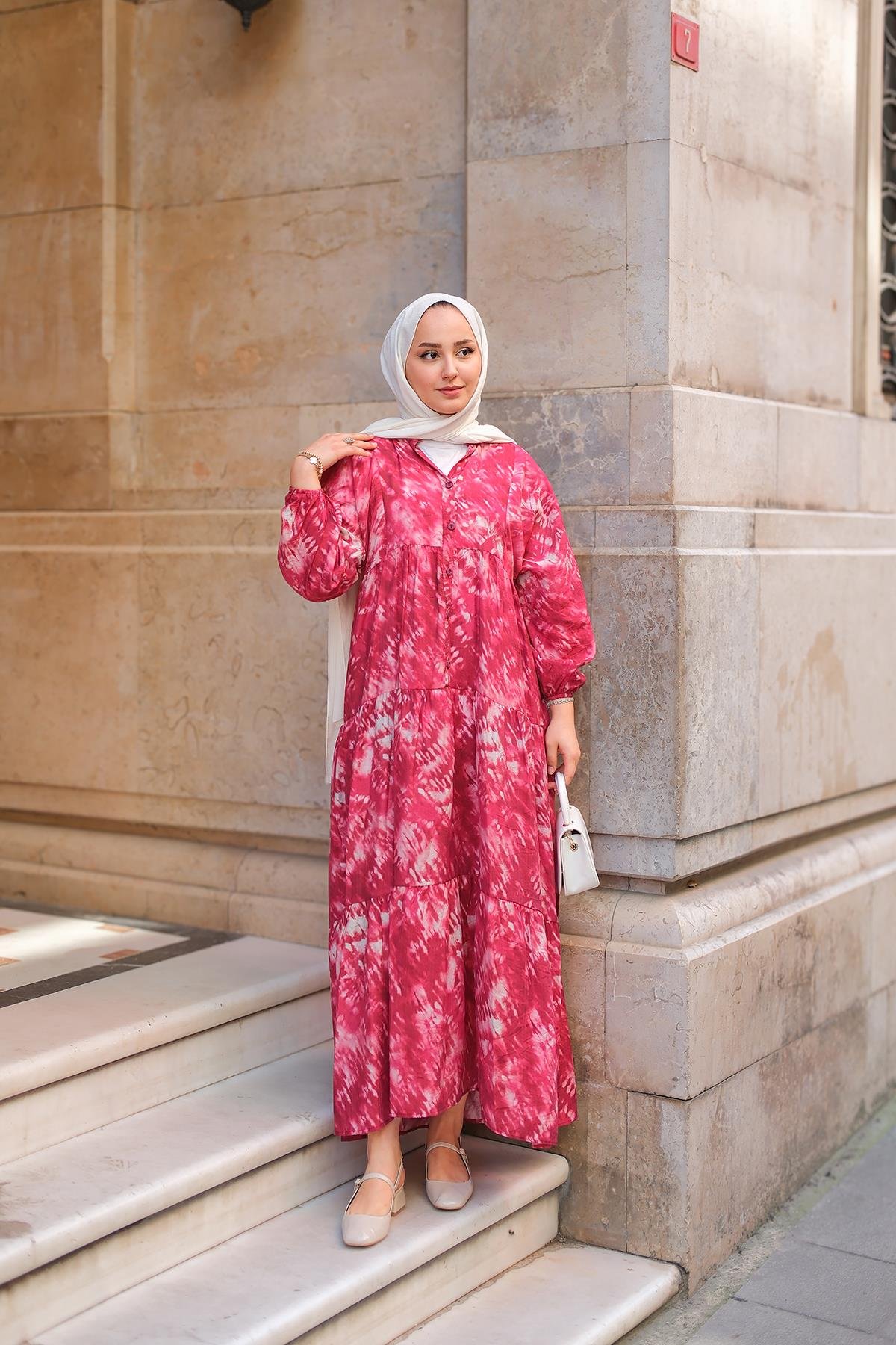 Batik Desen Elbise Fuşya