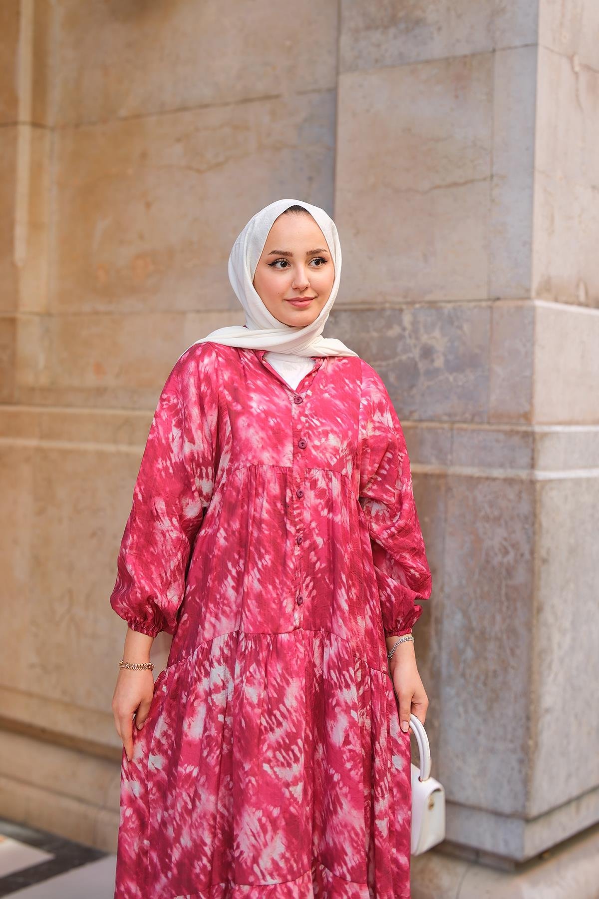 Batik Desen Elbise Fuşya