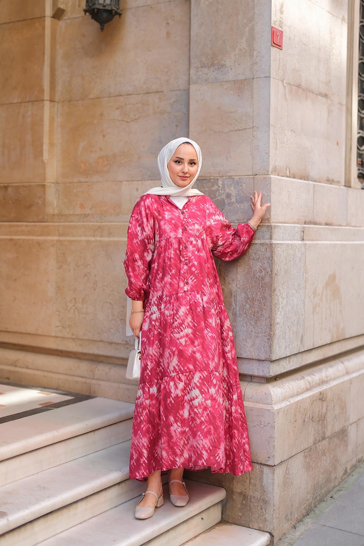 Batik Desen Elbise Fuşya