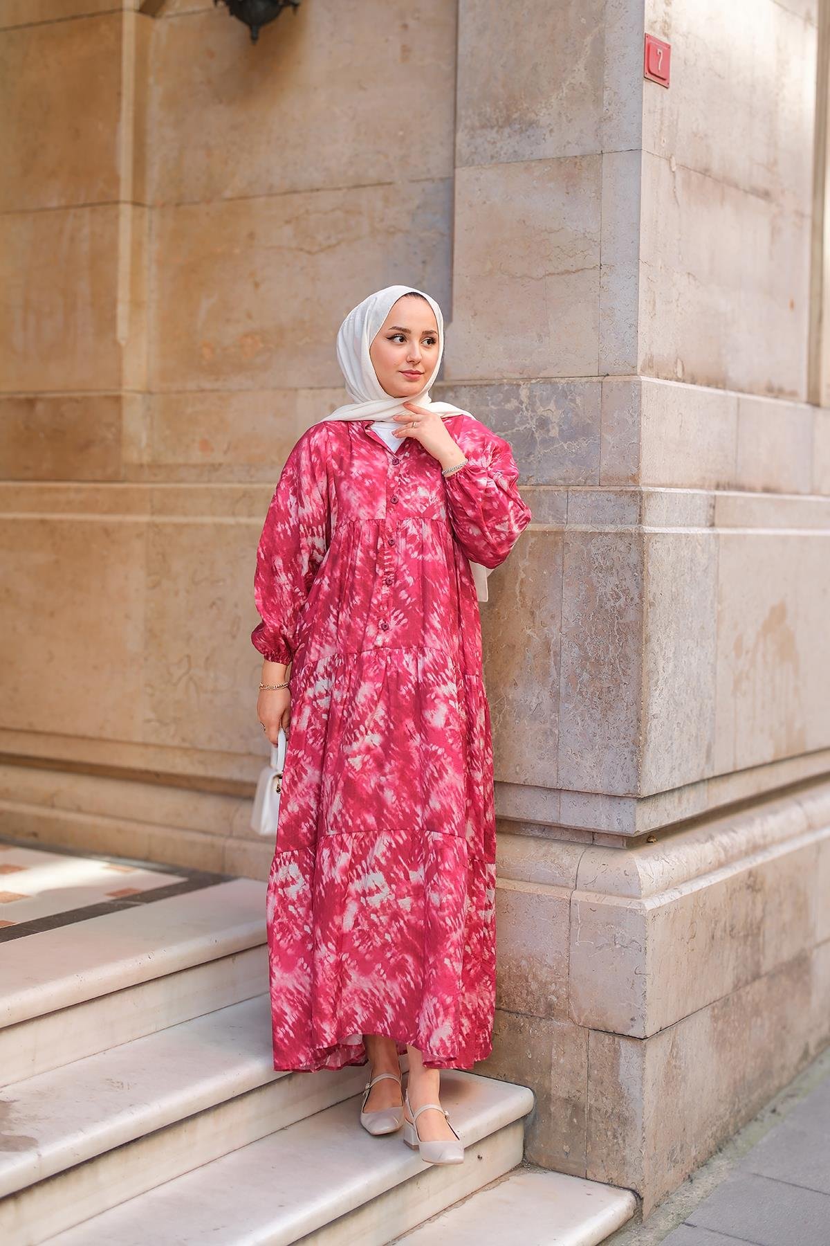 Batik Desen Elbise Fuşya