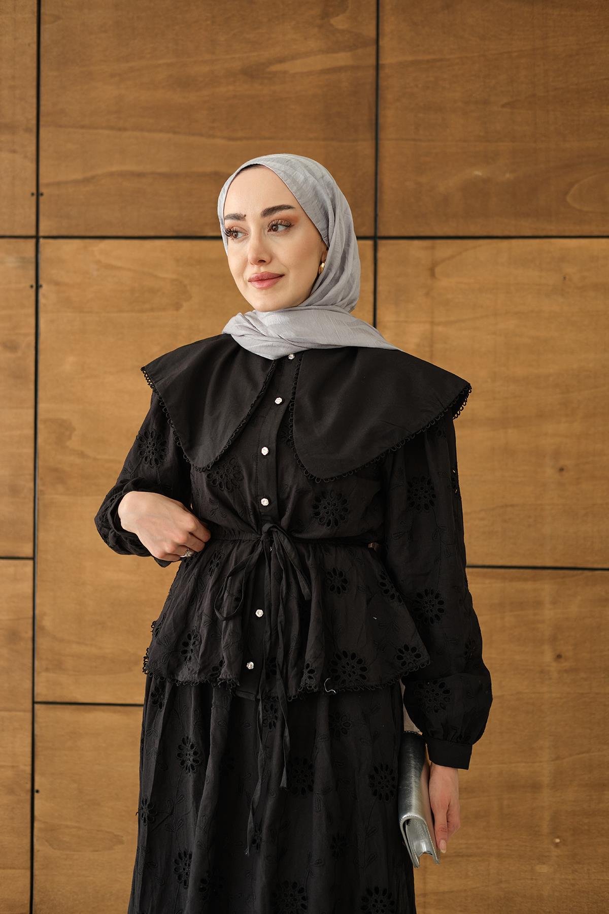 Bebe Yaka Dantel Detay Takım Siyah
