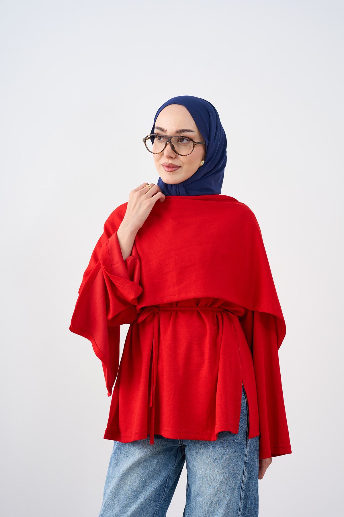 Bel Bağlamalı Atkı Detay Tunik Kırmızı