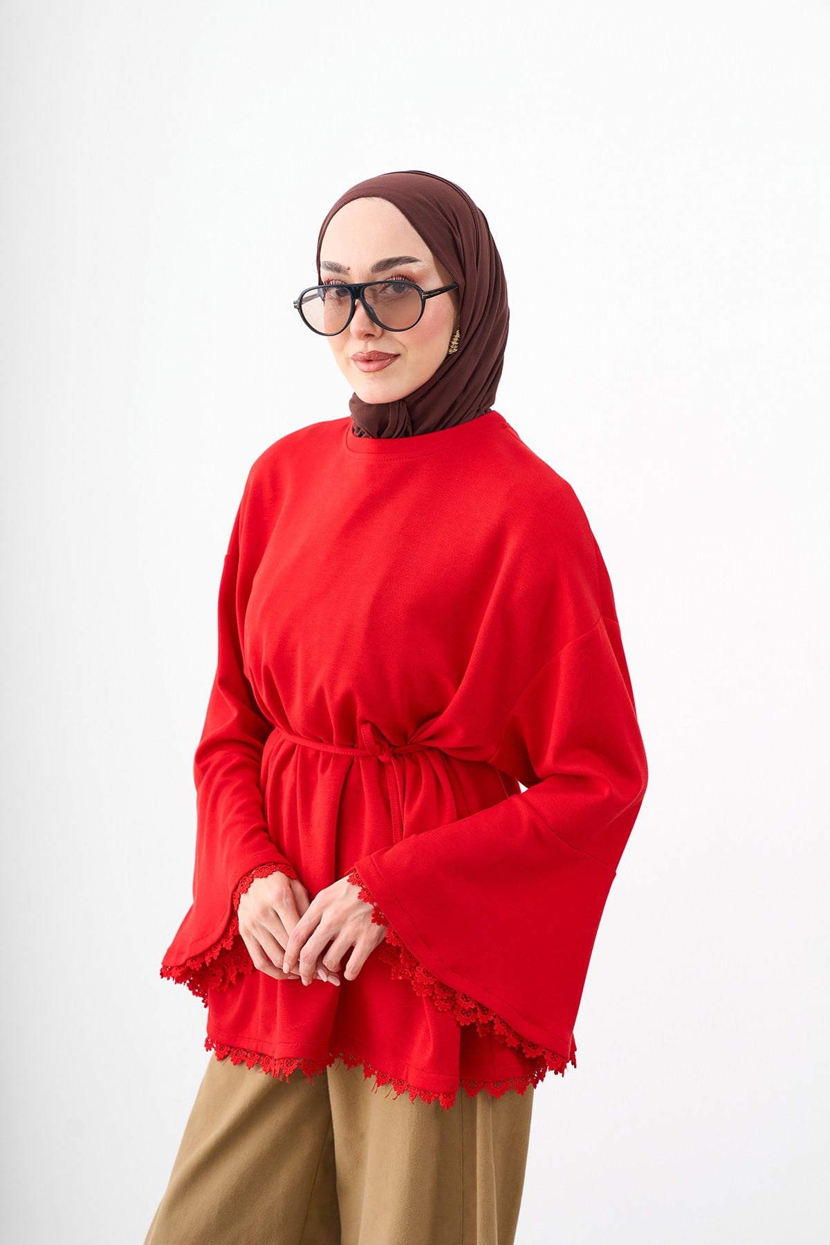Bel Bağlamalı Dantel Detay Tunik Kırmızı