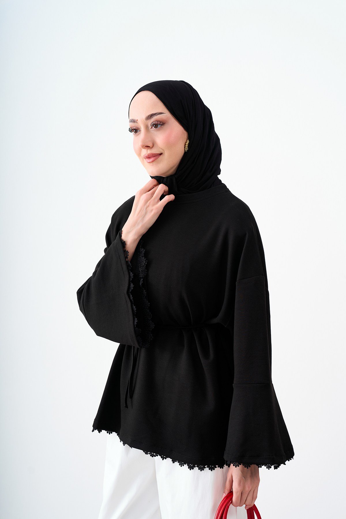 Bel Bağlamalı Dantel Detay Tunik Siyah