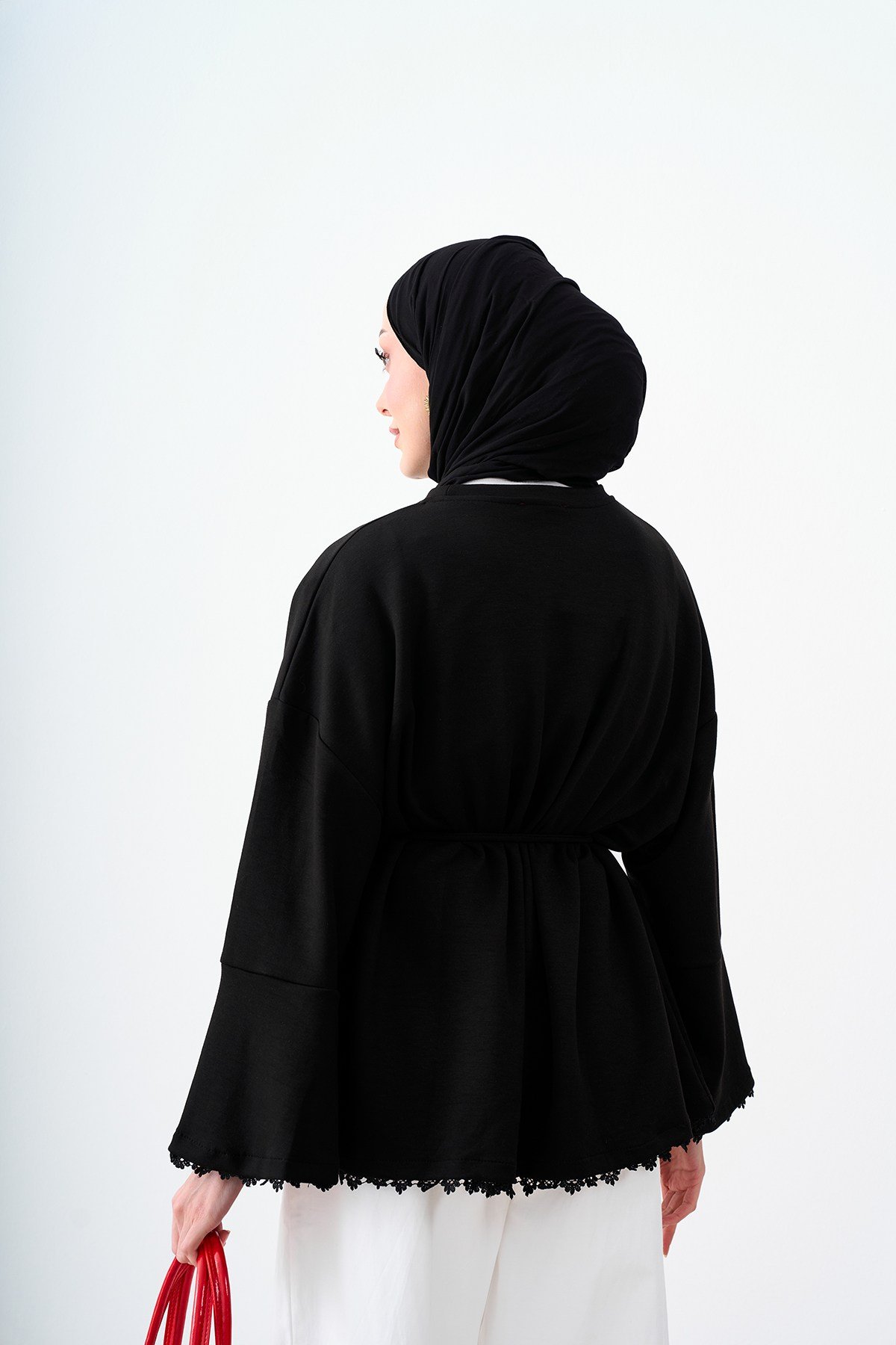 Bel Bağlamalı Dantel Detay Tunik Siyah