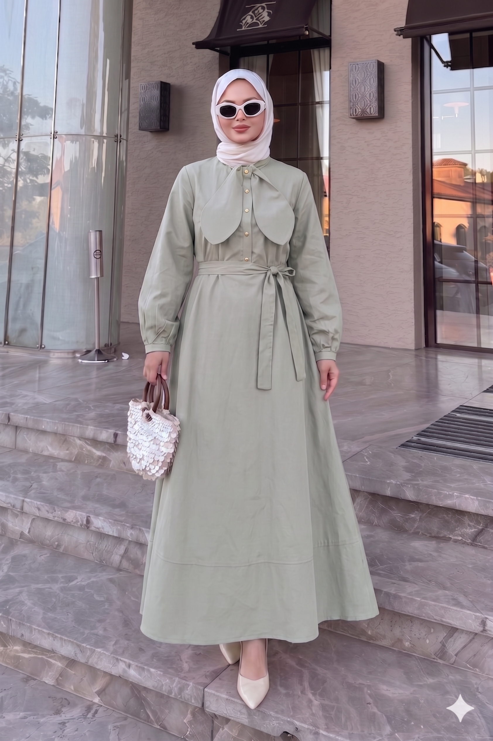 Bel Bağlamalı Elbise Açık Yeşil