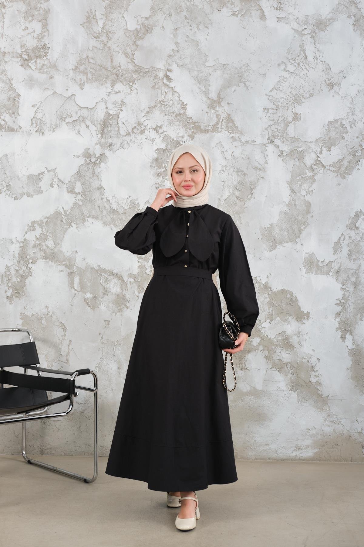 Bel Bağlamalı Elbise Siyah