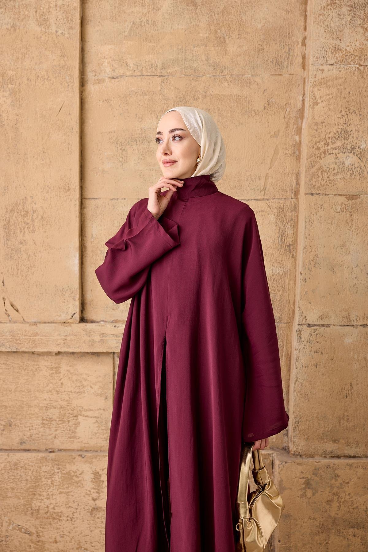 Bel Bağlamalı Elbiseli Takım Bordo