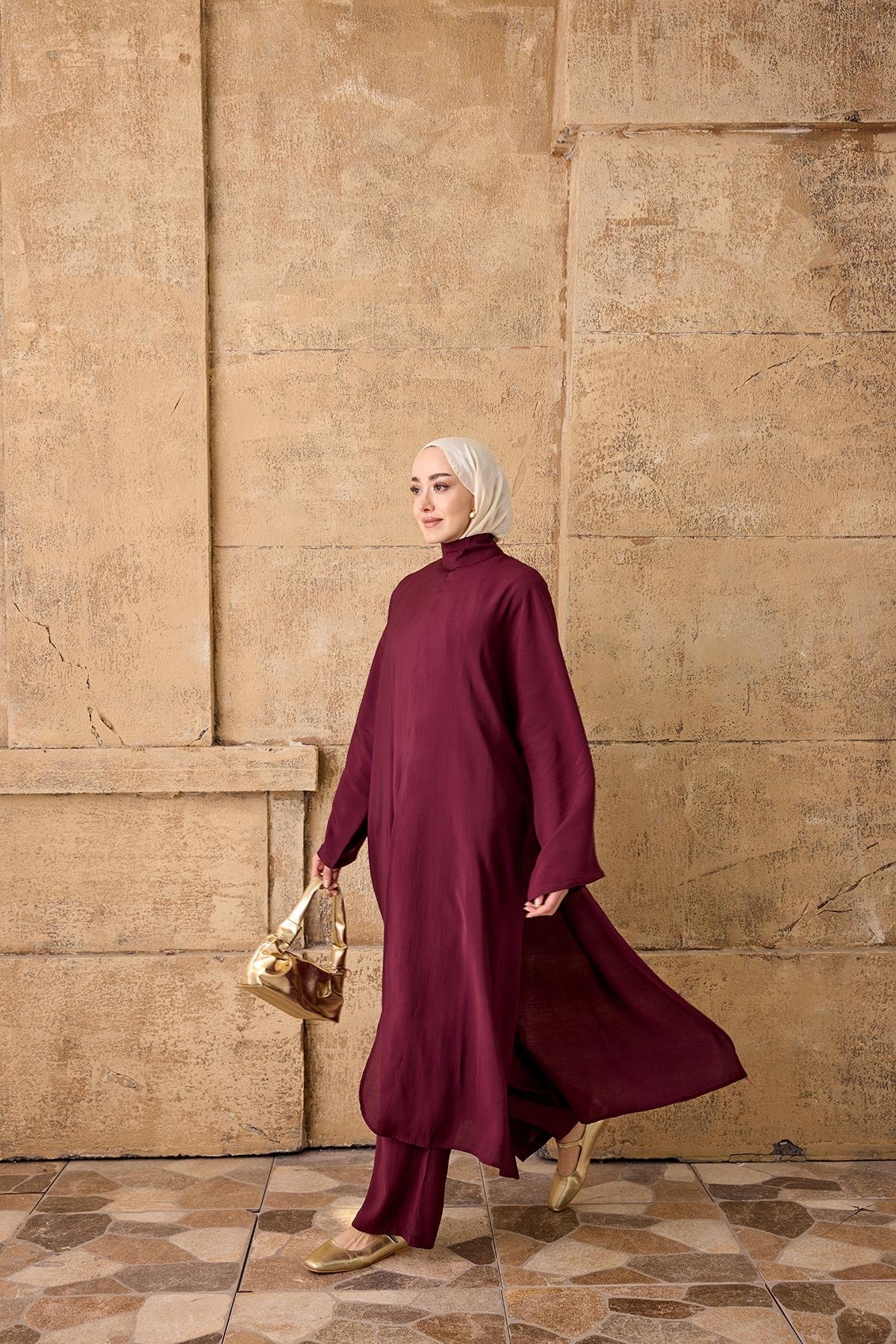 Bel Bağlamalı Elbiseli Takım Bordo