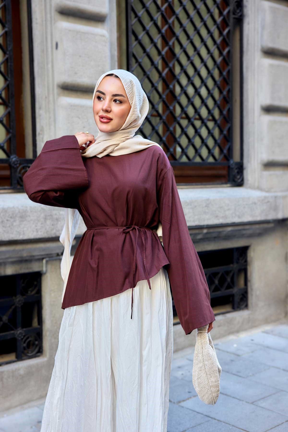 Bel Bağlamalı Etek Üstü Bluz Bordo