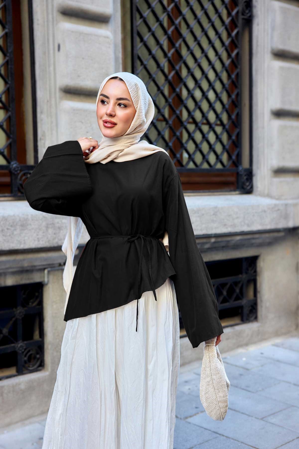 Bel Bağlamalı Etek Üstü Bluz Siyah