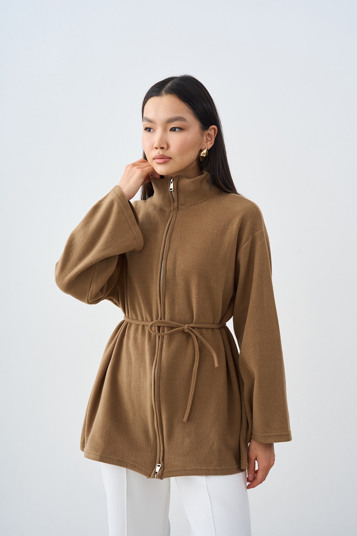 Bel Bağlamalı Fermuarlı Ceket Camel