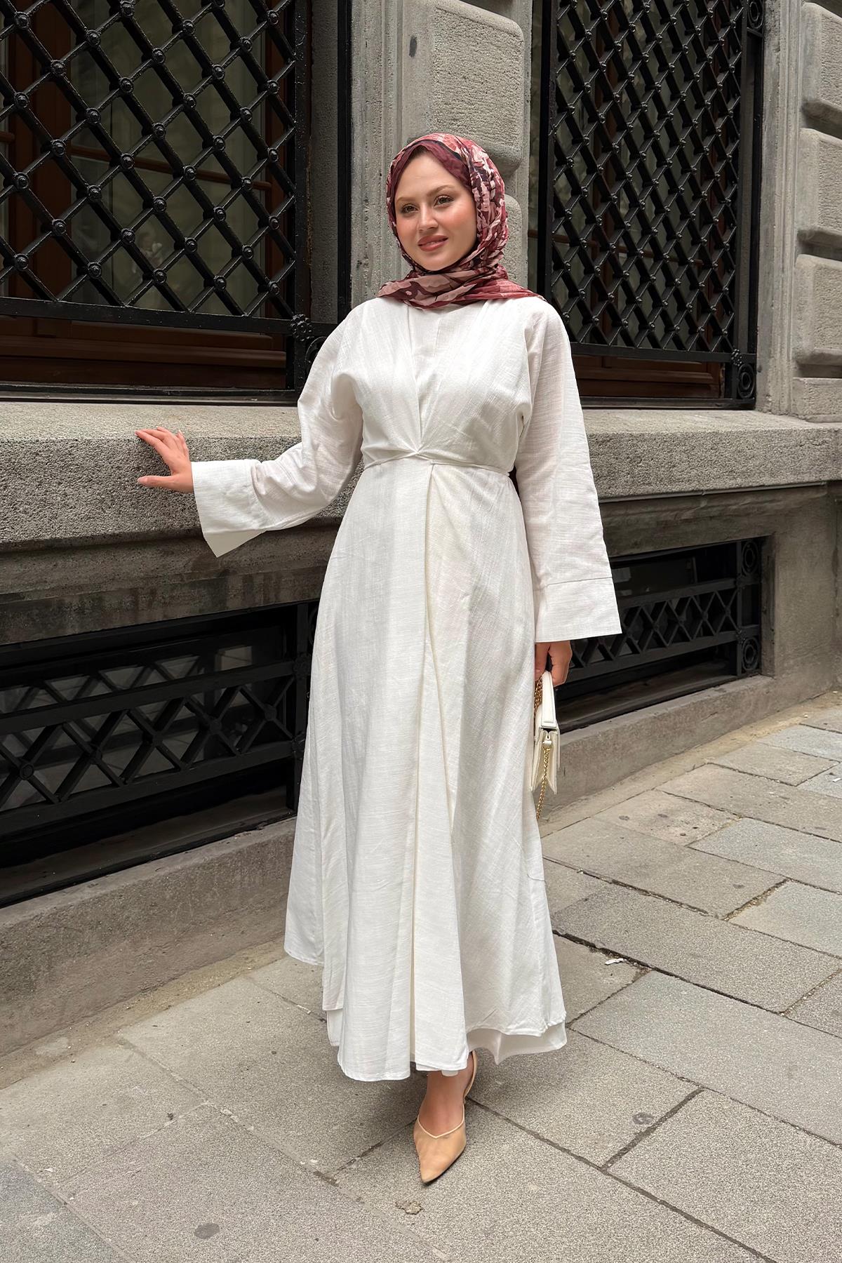 Bel Bağlamalı Keten Elbise Beyaz
