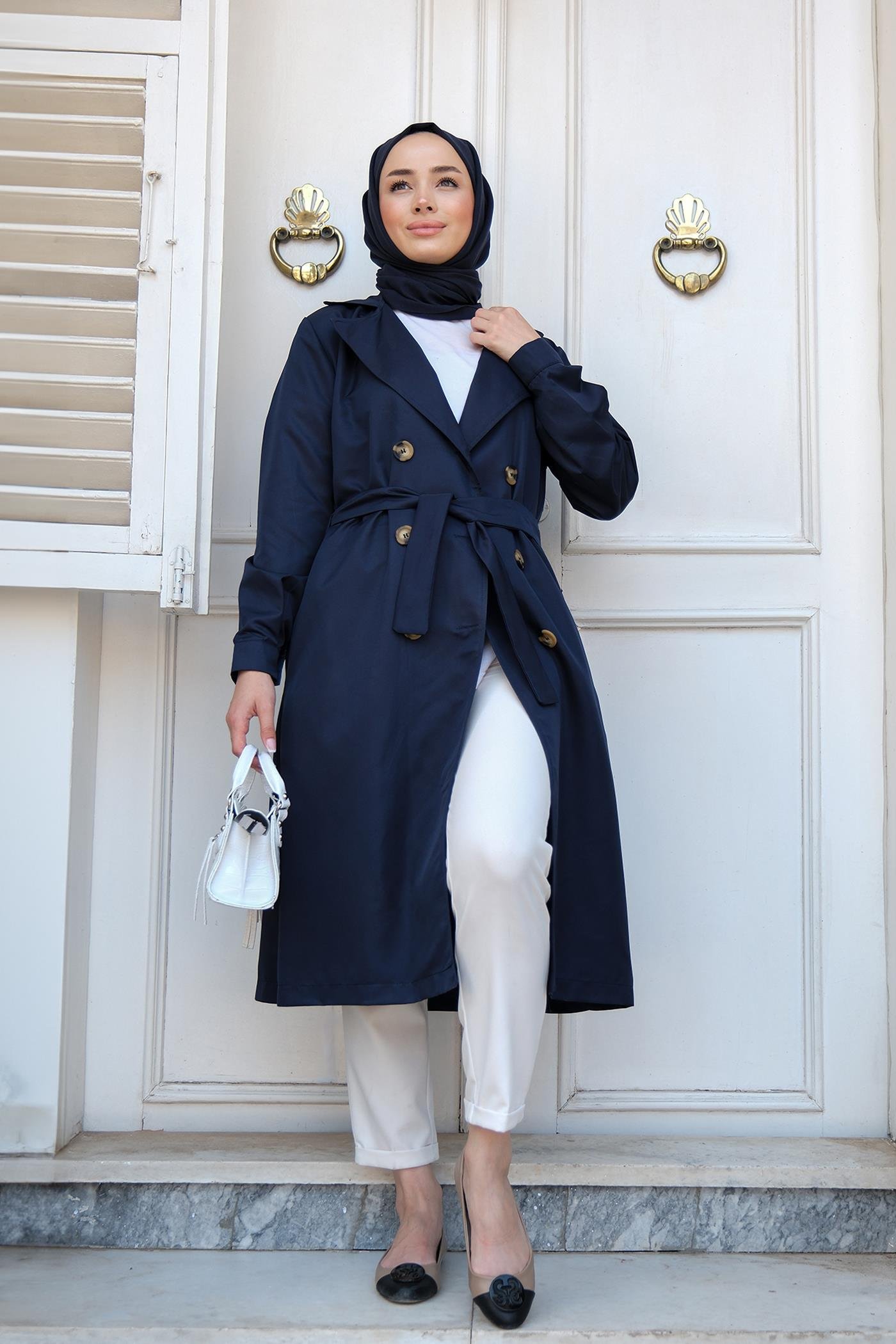 Bel Bağlamalı Trenç Lacivert