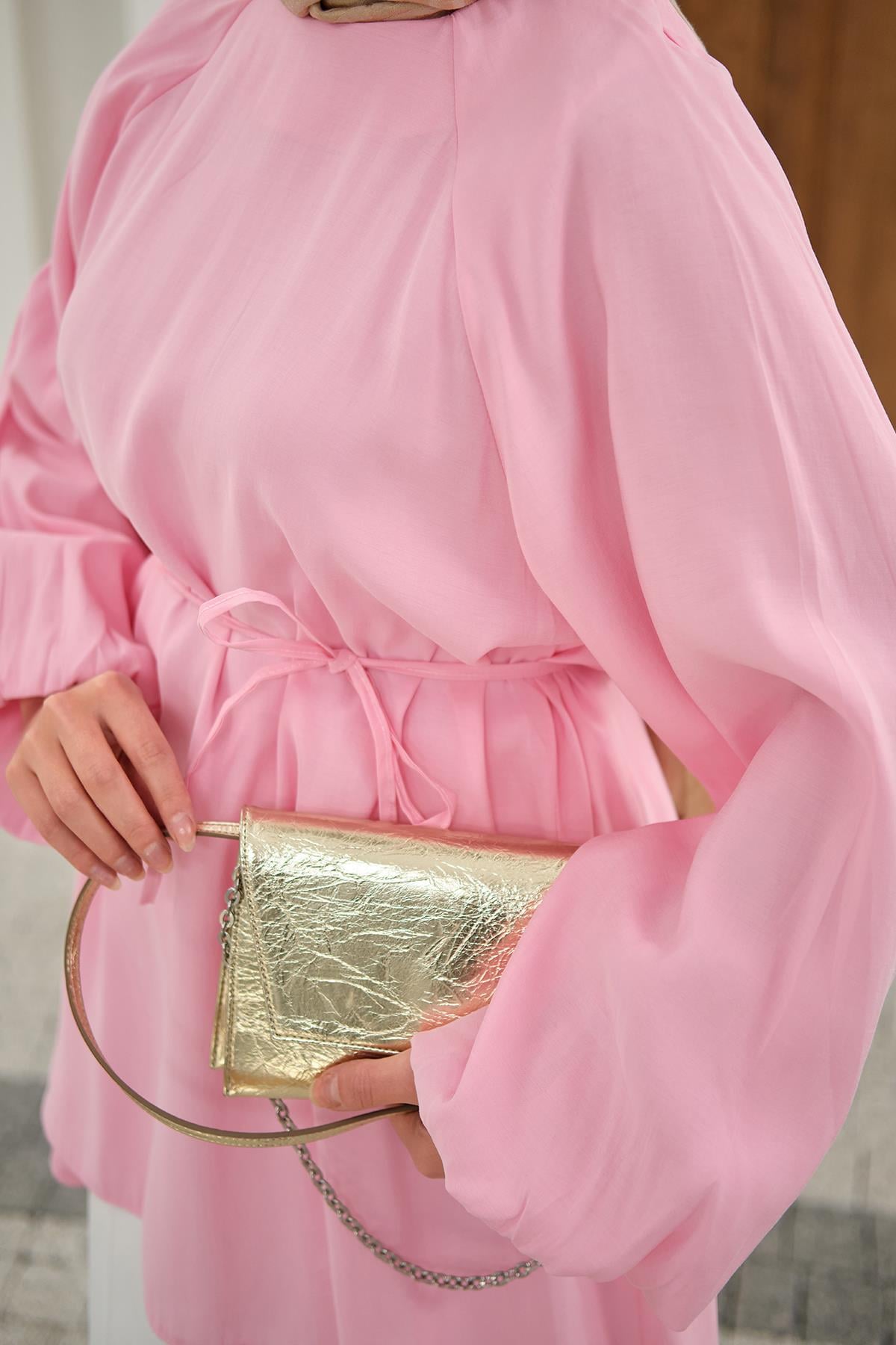 Bel Bağlamalı Tunik Pembe