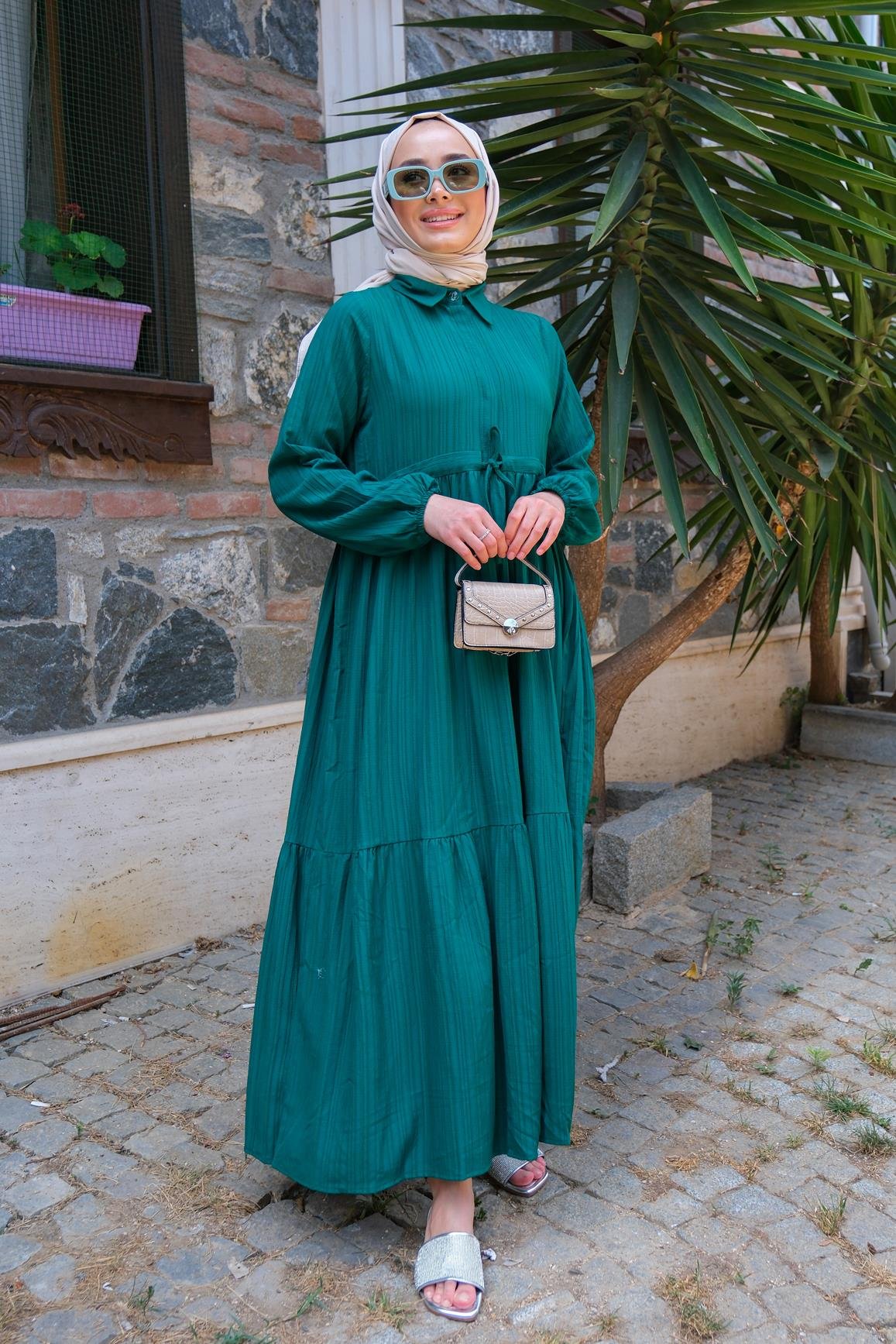 BEL BUZGULU ELBISE ZUMRUT YESIL