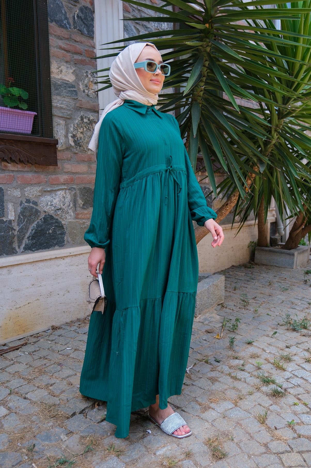 BEL BUZGULU ELBISE ZUMRUT YESIL