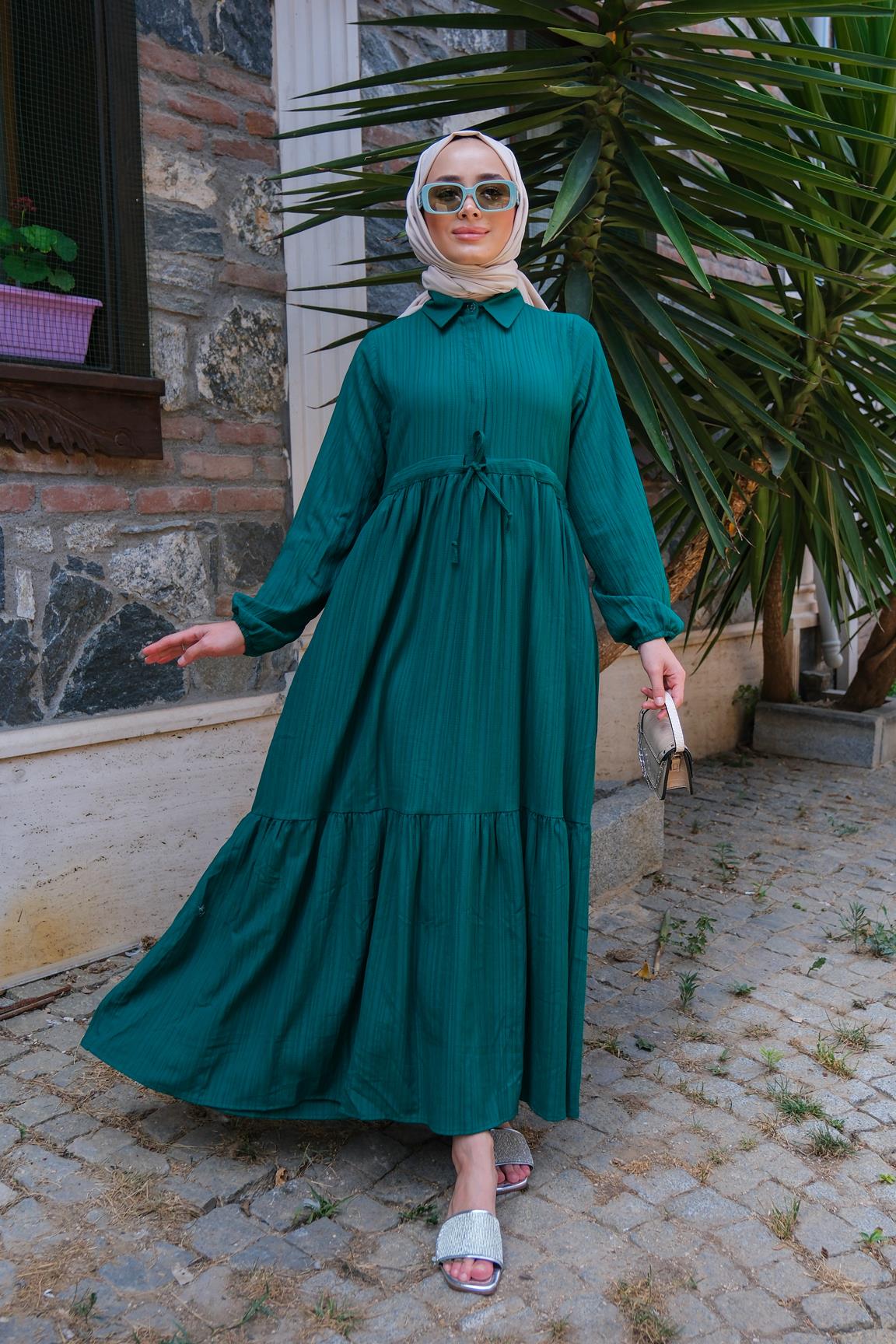BEL BUZGULU ELBISE ZUMRUT YESIL