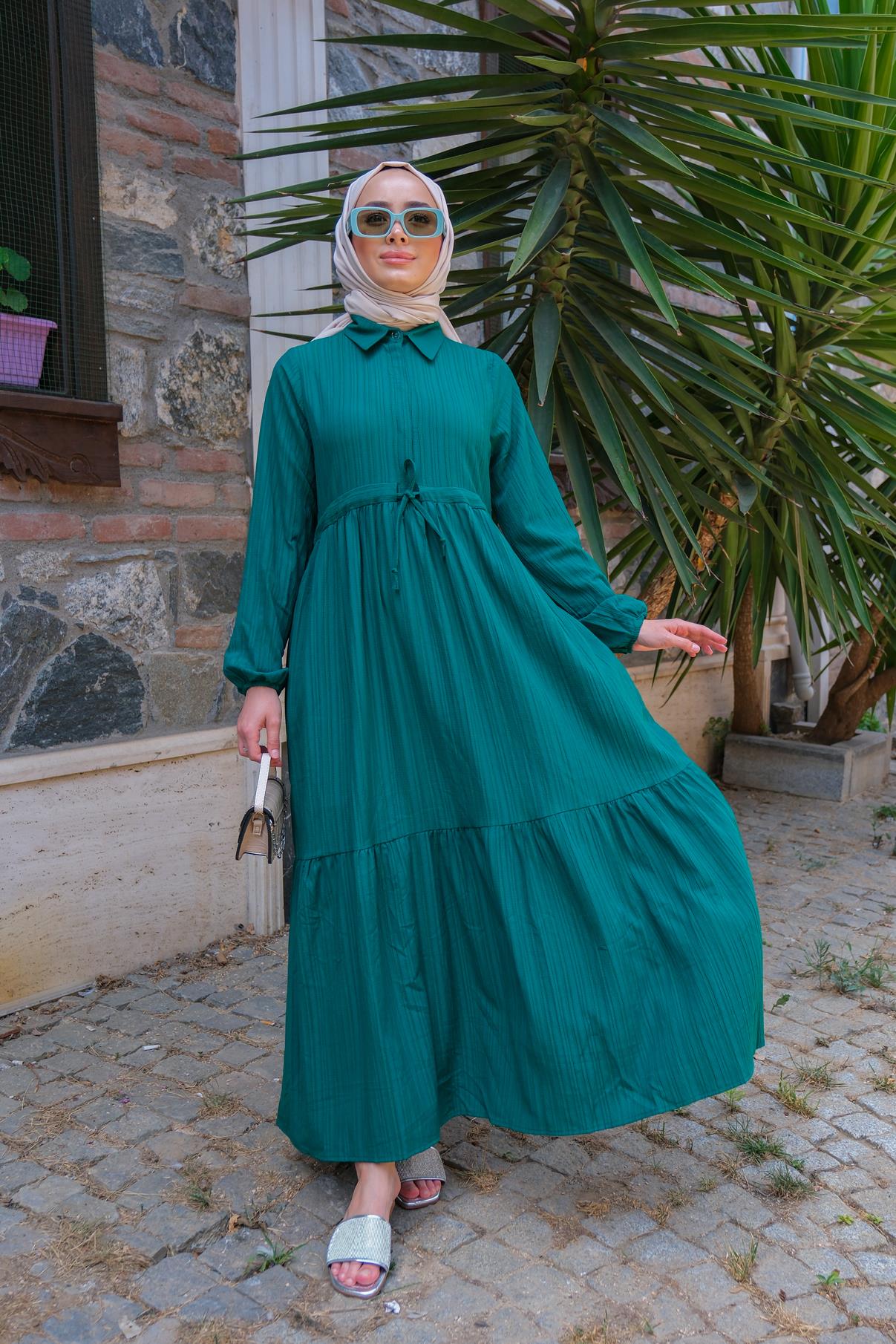 BEL BUZGULU ELBISE ZUMRUT YESIL