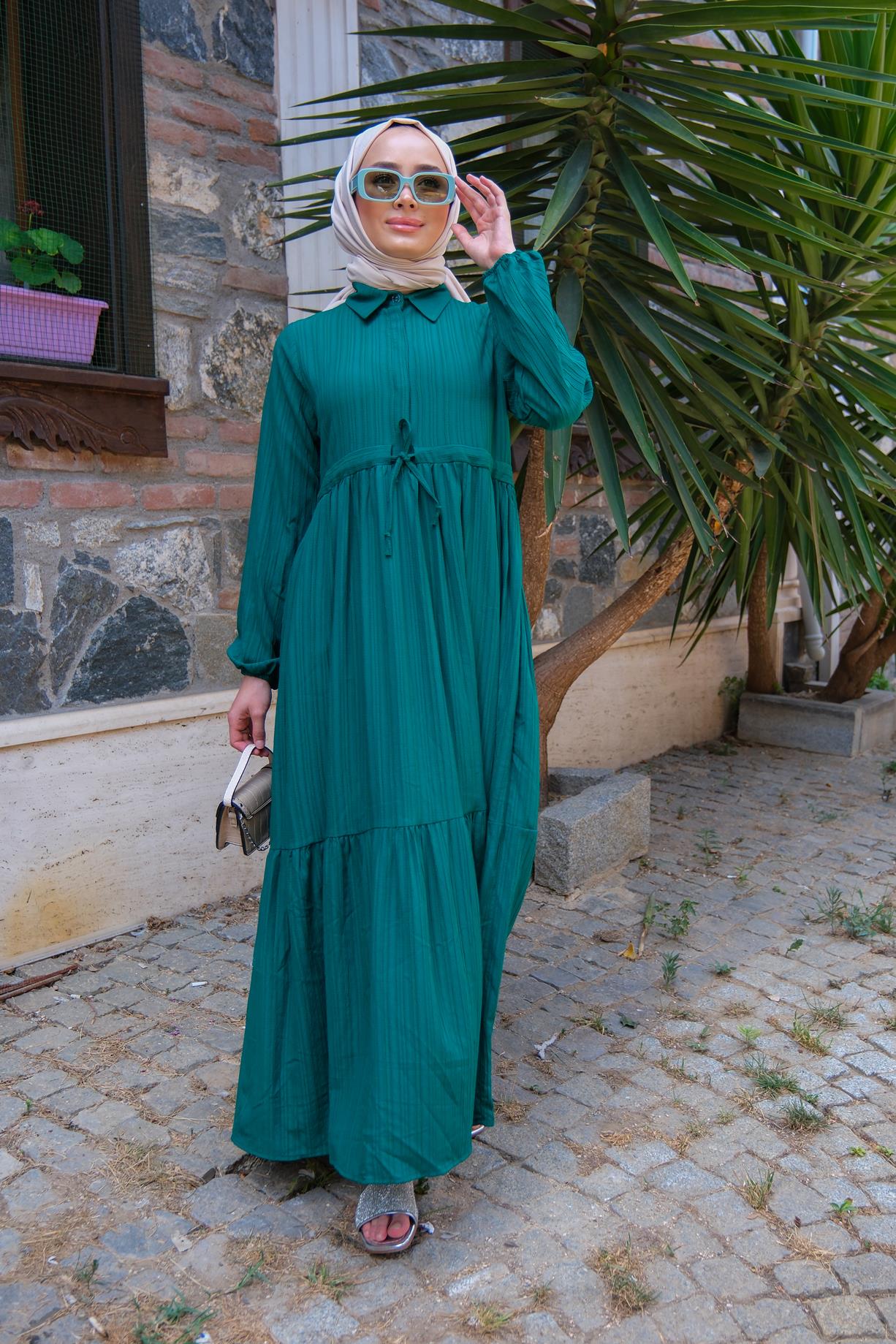 BEL BUZGULU ELBISE ZUMRUT YESIL