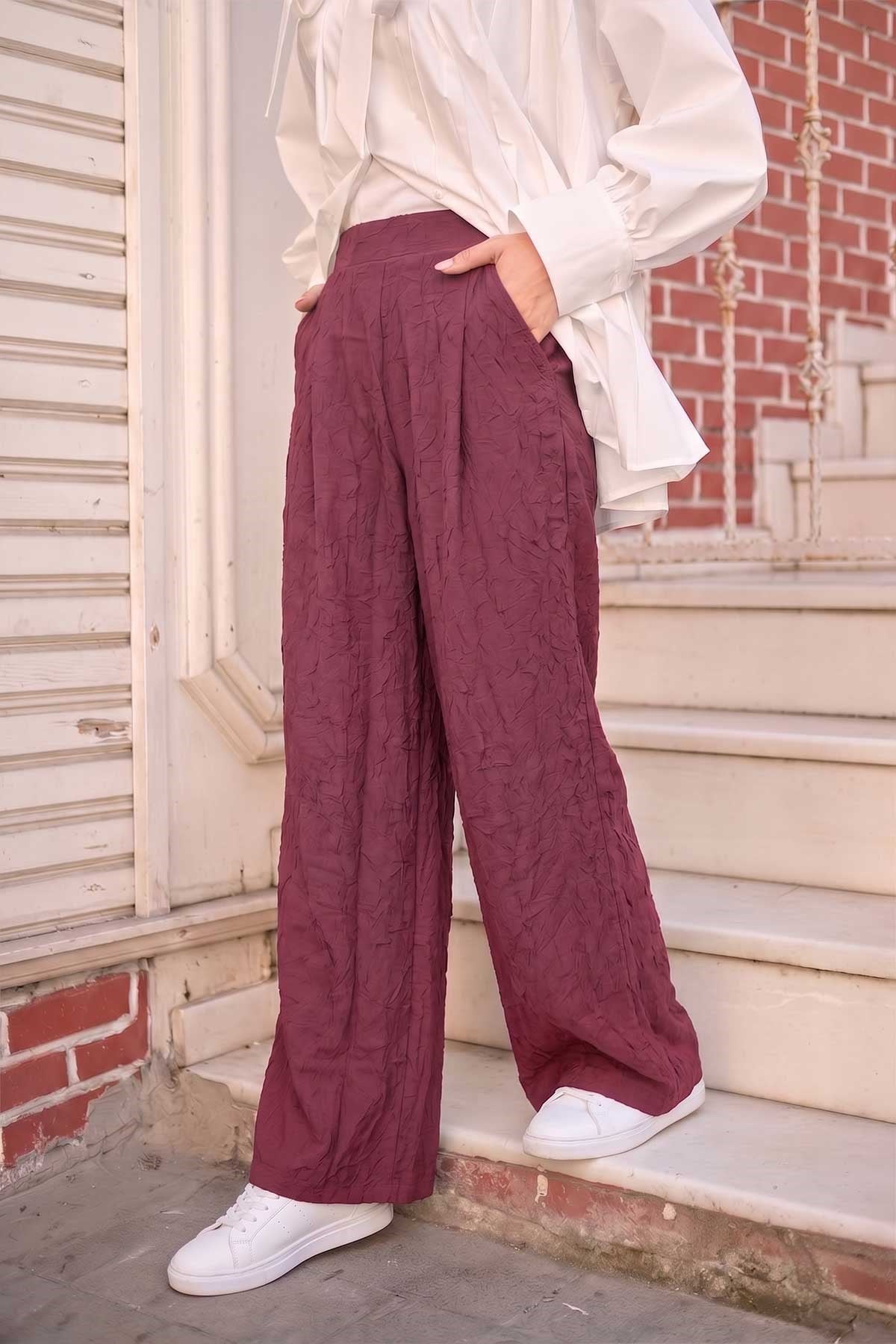 Bel Lastikli Kırışık Detay Pantolon Bordo