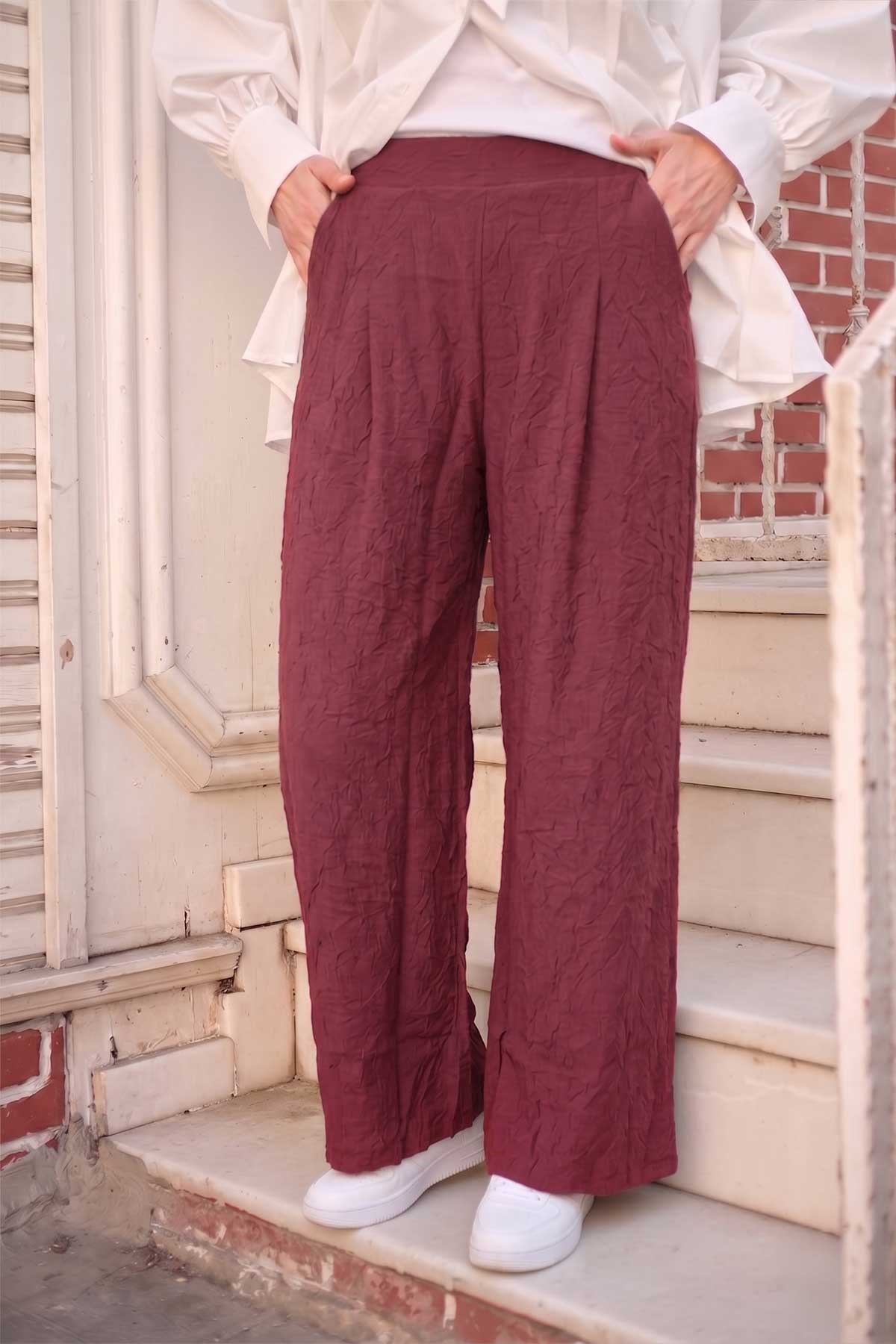 Bel Lastikli Kırışık Detay Pantolon Bordo