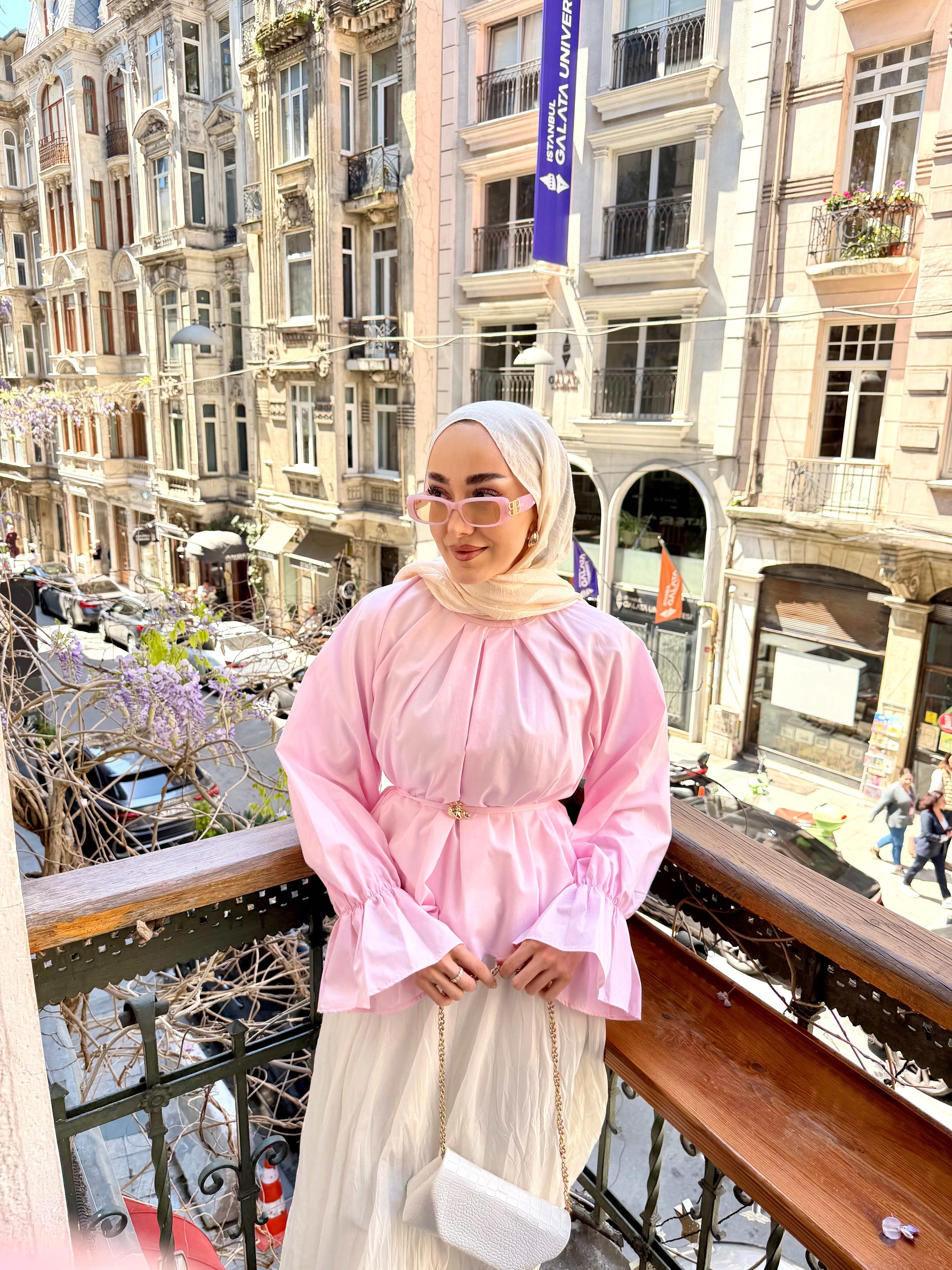 Bel Lastikli Pile Detay Bel Bağlamalı Bluz Pembe