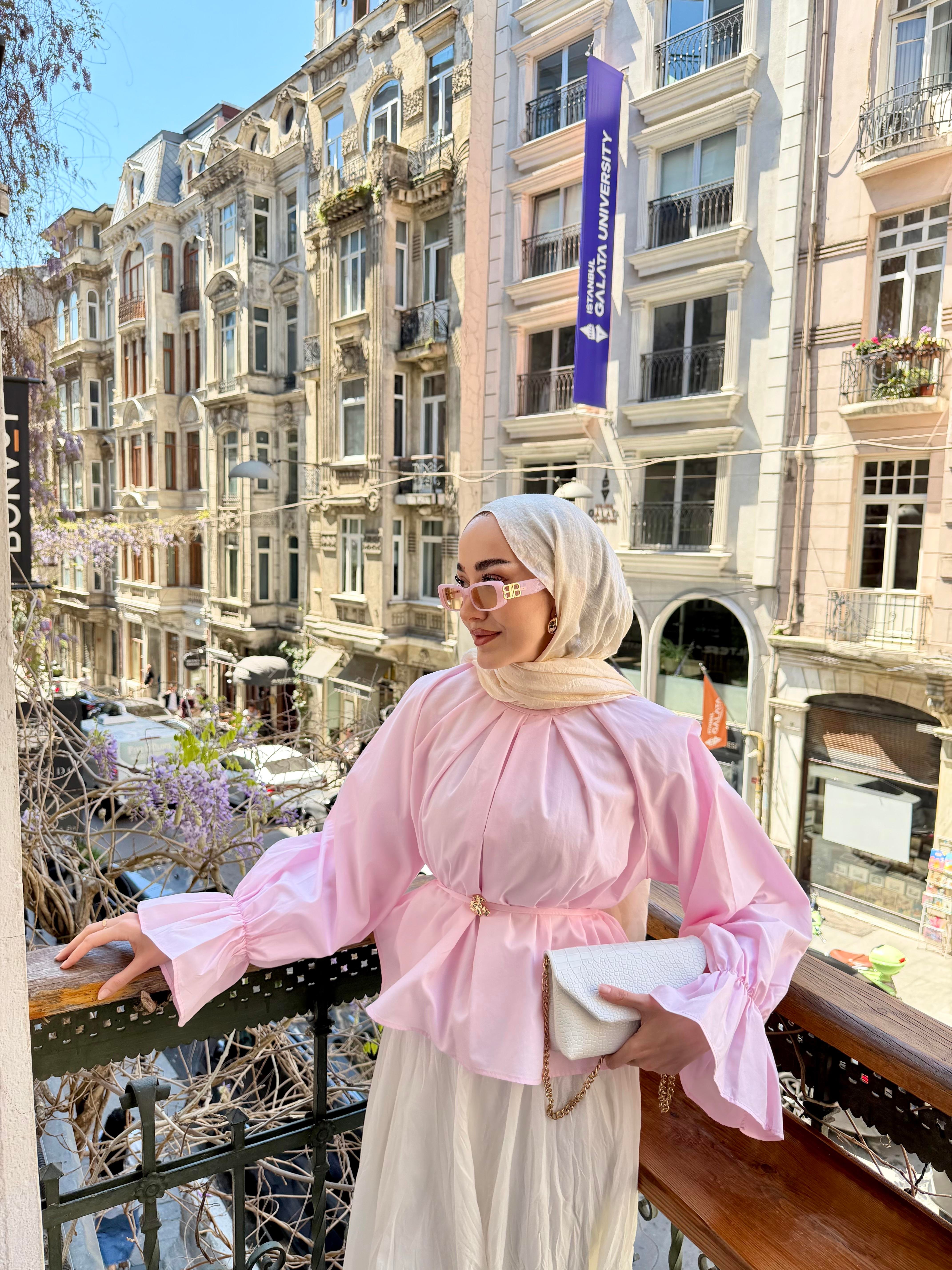 Bel Lastikli Pile Detay Bel Bağlamalı Bluz Pembe