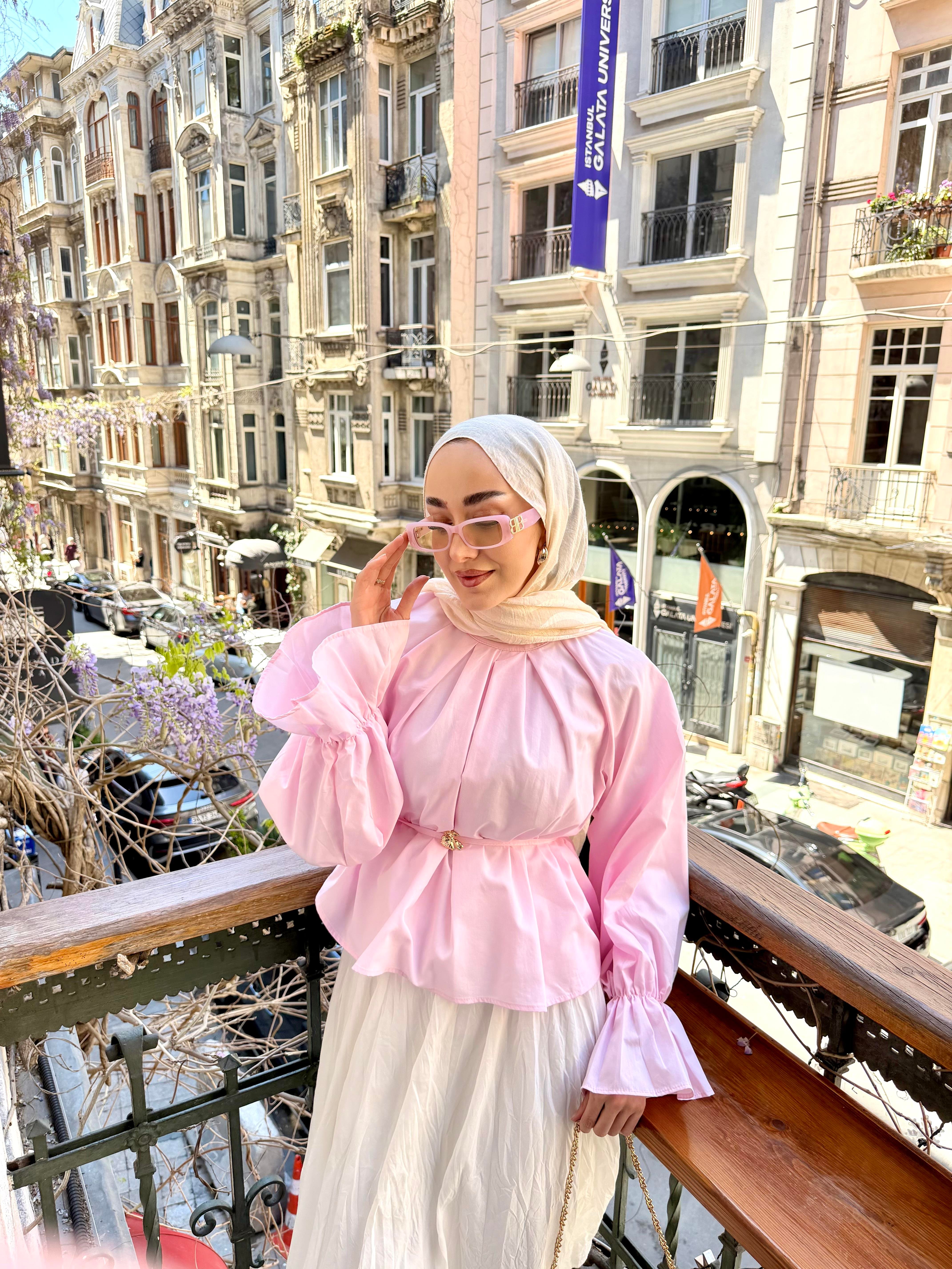 Bel Lastikli Pile Detay Bel Bağlamalı Bluz Pembe