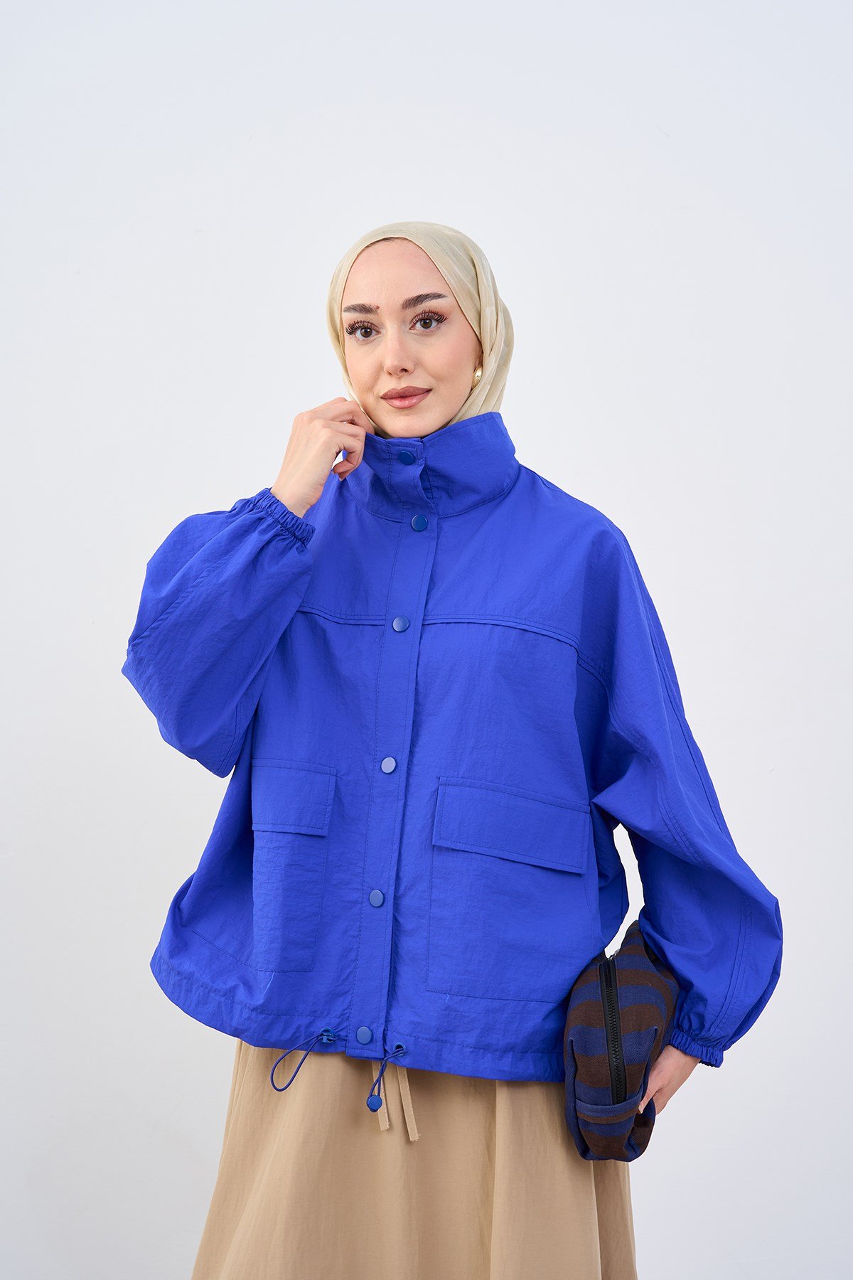 Beli Ayarlanabilir Çift Cepli Çimalı Ceket Saks Mavi