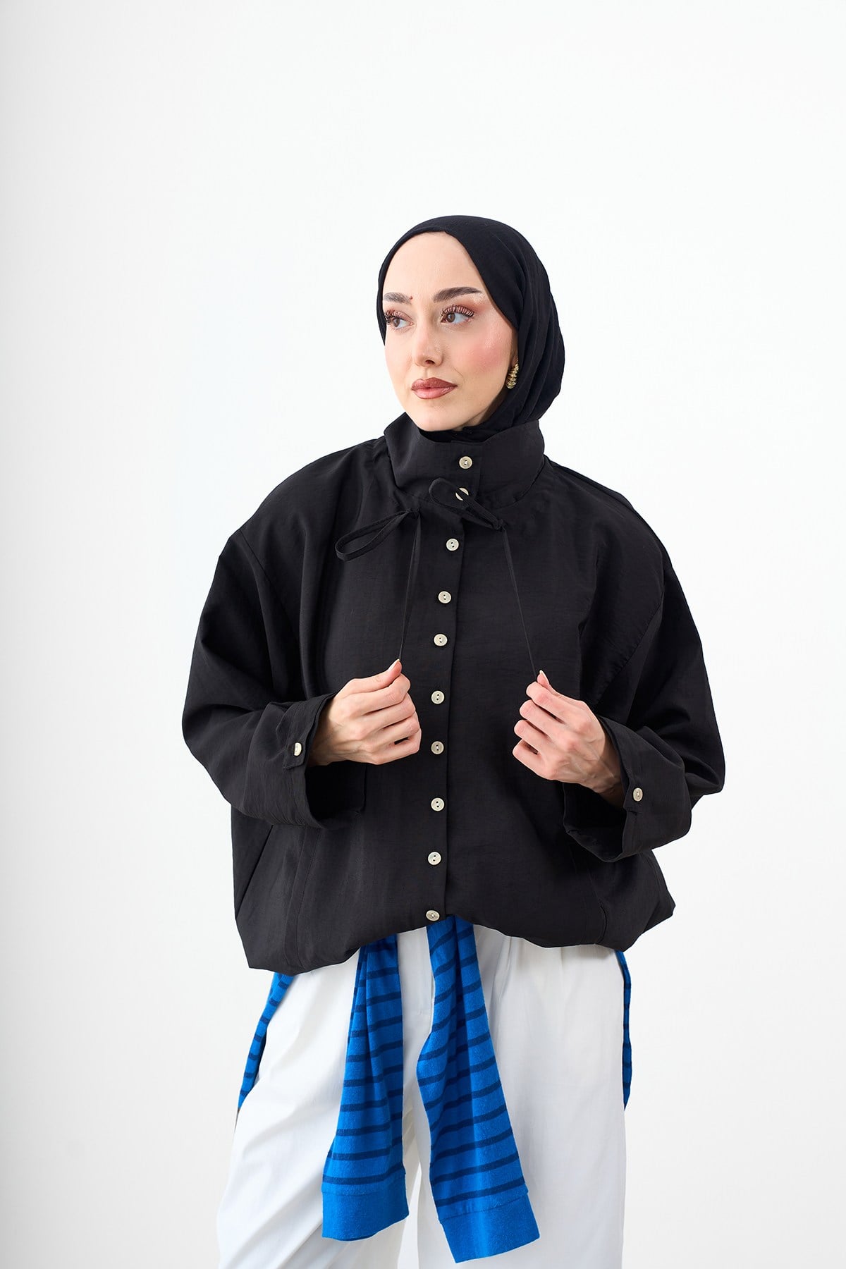Beli Ayarlanabilir Çift Cepli Gömlek Yaka Ceket Siyah