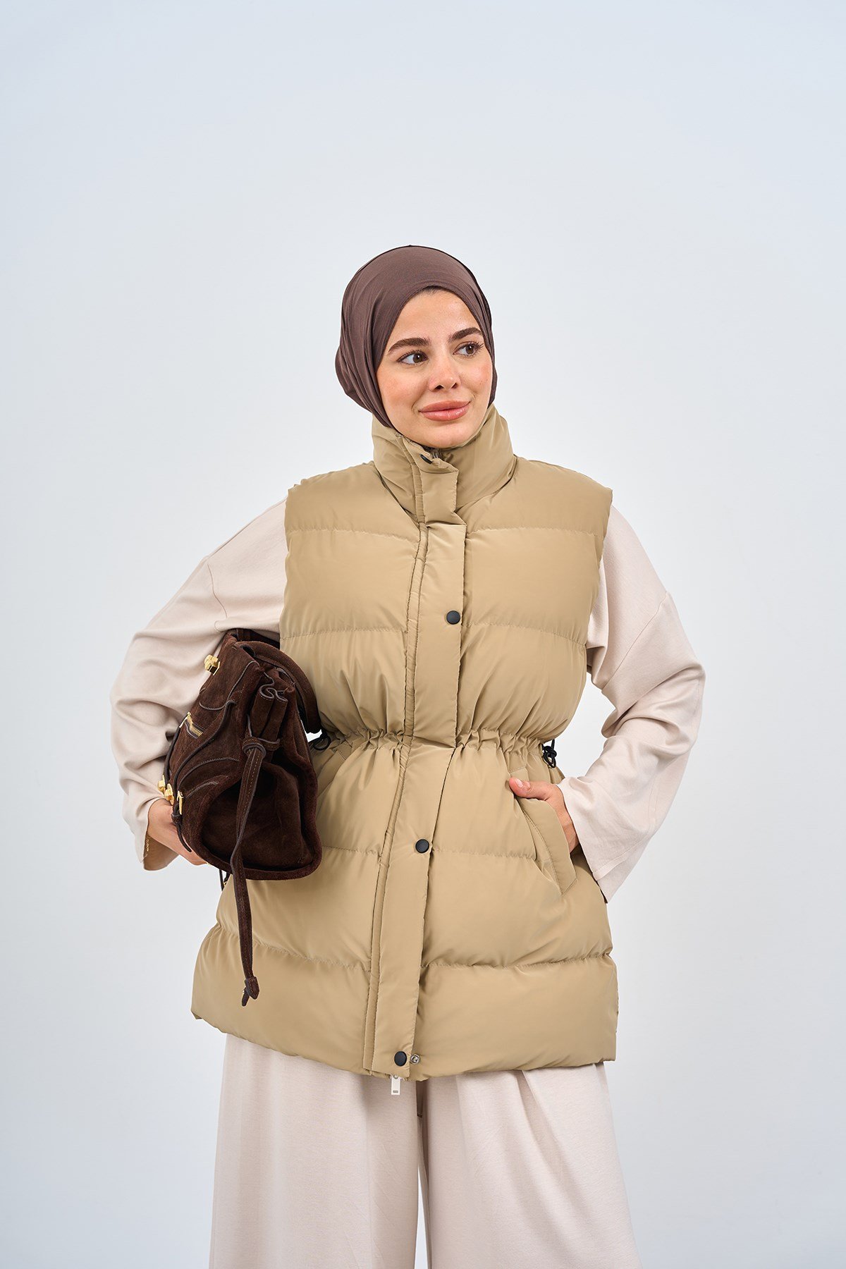 Beli Ayarlanabilir Çıtçıtlı Süet Yelek Krem