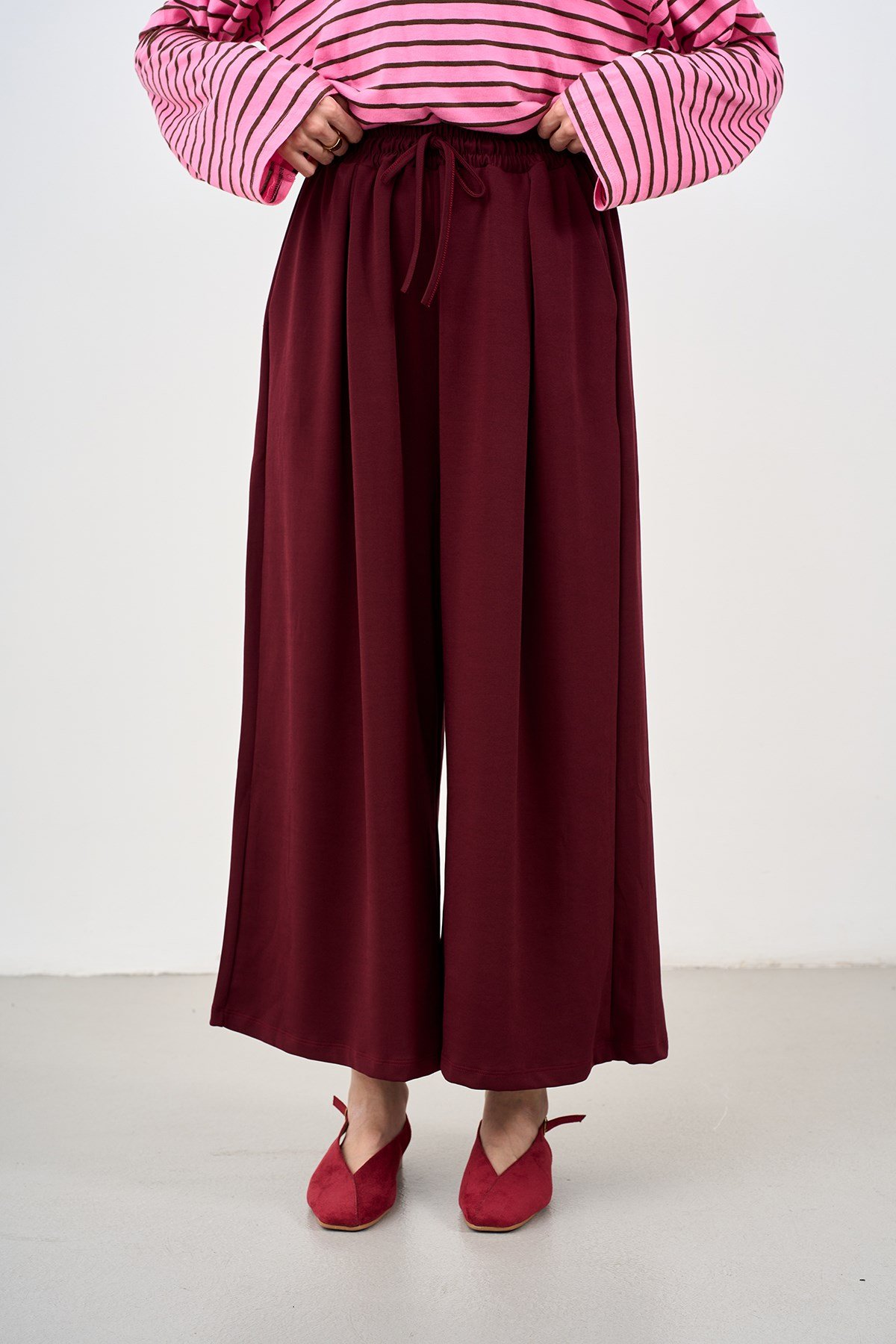 Beli Ayarlanabilir Lastikli Bol Pantolon Bordo